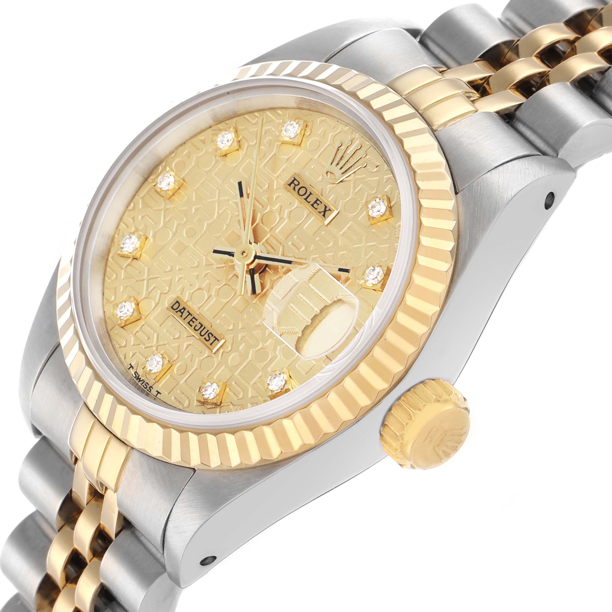 The Rolex Datejust 69173 Women
s Steel and Gold (two tone) Champagne Dial watch is shown at an angle highlighting the gold dial, fluted bezel, and two-tone bracelet.