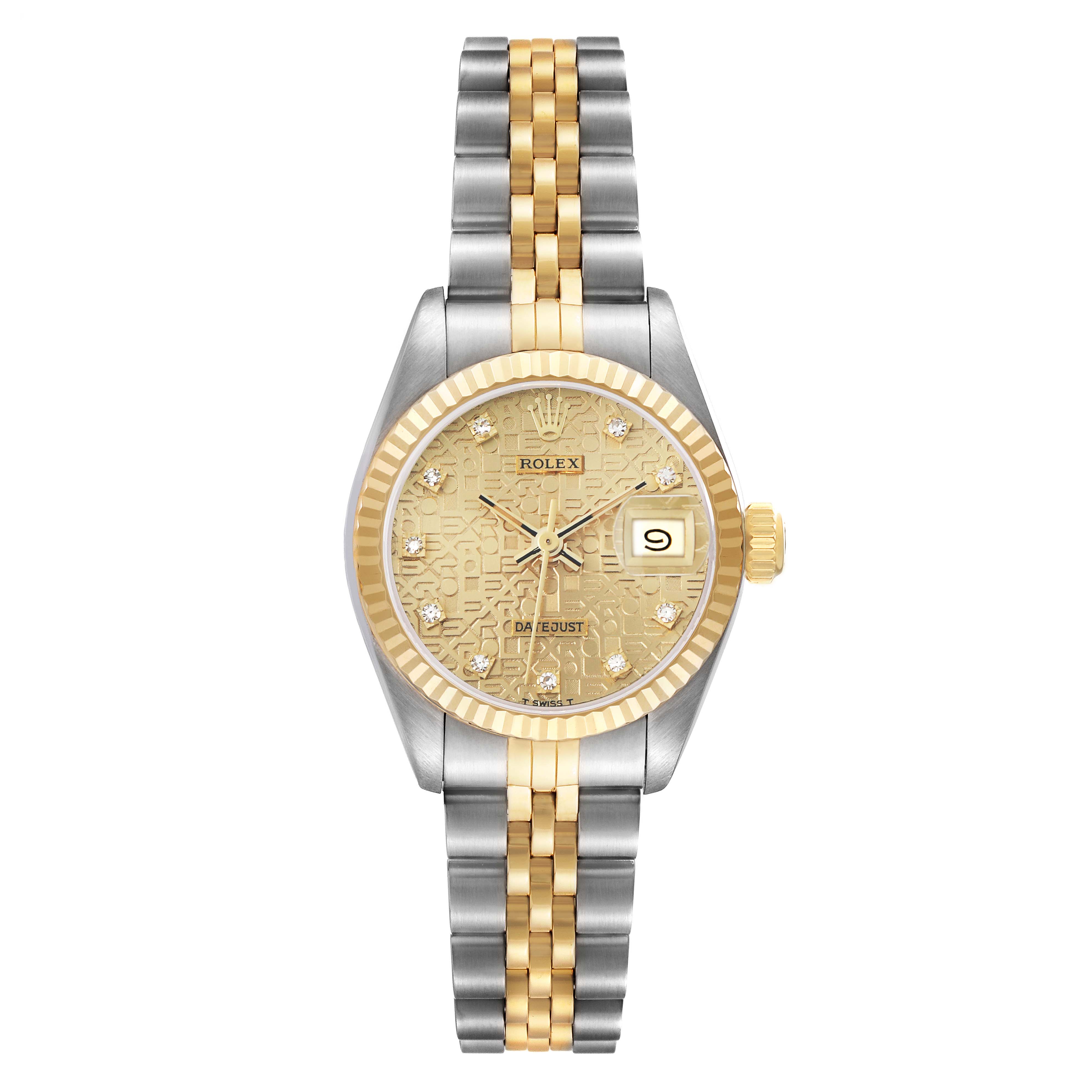 The Rolex Datejust 69173 Women
s Steel and Gold (two tone) Champagne Dial watch is shown from the front, featuring a gold dial, fluted bezel, and two-tone Jubilee bracelet.