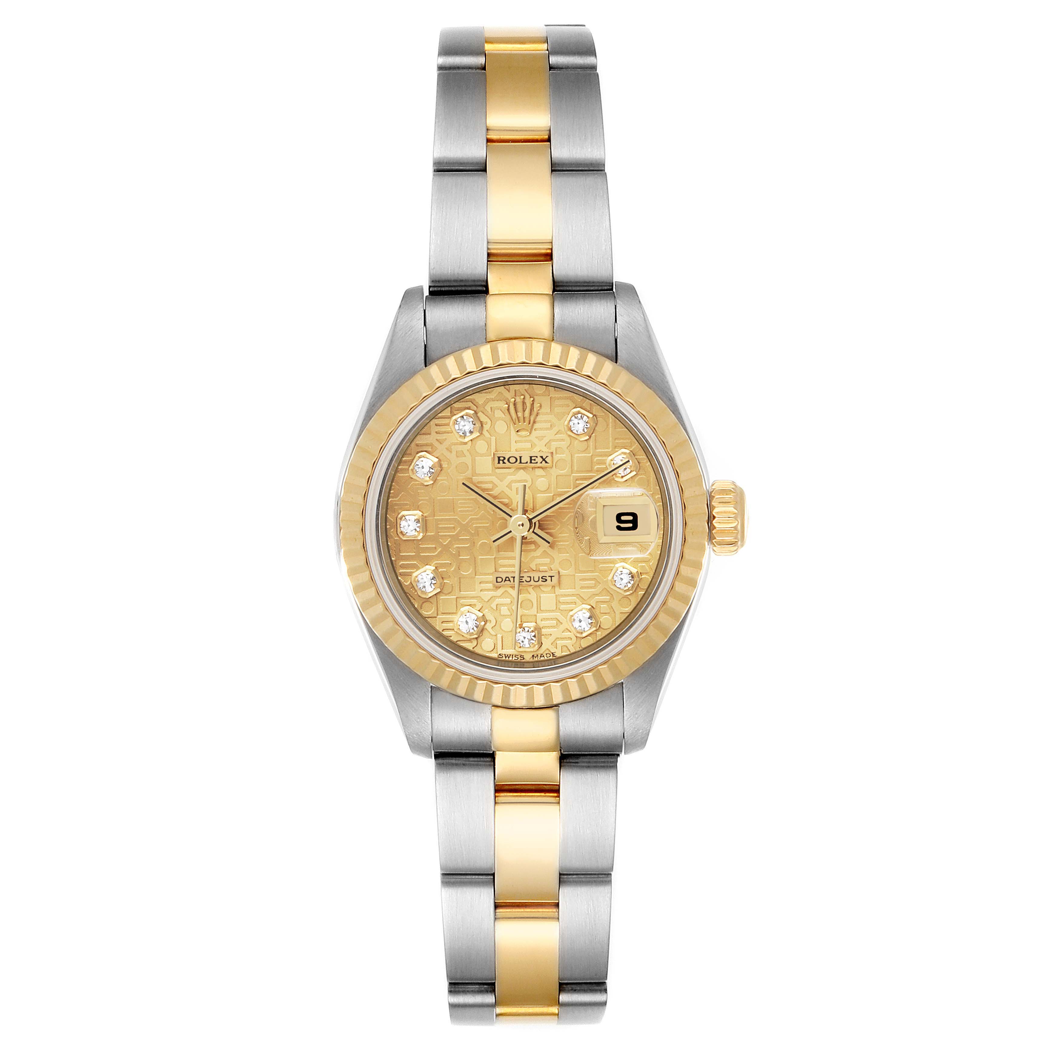 The Rolex Datejust 79173 Women's Steel and Gold (two tone) Champagne Dial 79173 Women's Steel and Gold (two tone) Champagne Dial watch is shown from a front angle, detailing the face, bezel, crown, and bracelet.