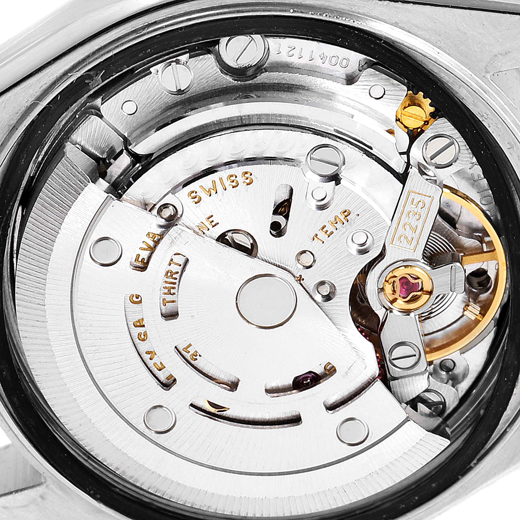 The image shows the inner mechanical movement of a Rolex Datejust 79173 Women's Steel and Gold (two tone) Champagne Dial 79173 Women's Steel and Gold (two tone) Champagne Dial watch at a close-up angle.