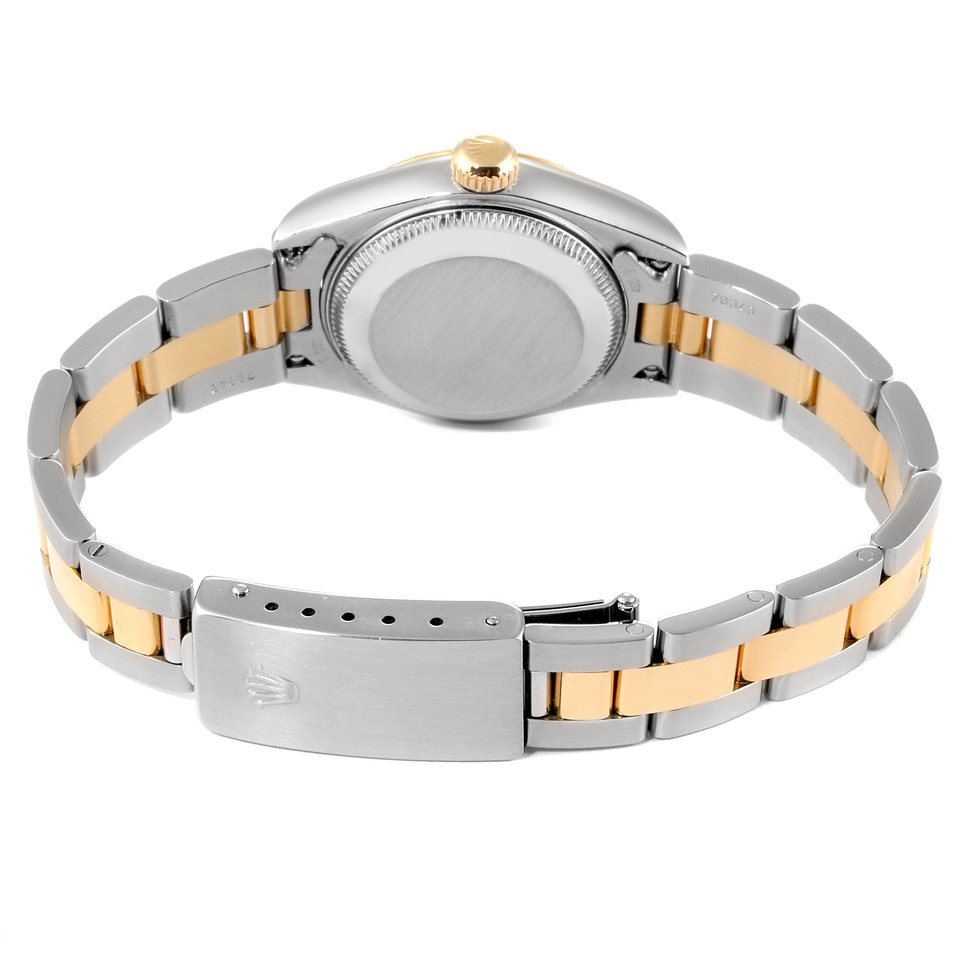 The image shows the back and bracelet of a Rolex Datejust 79173 Women's Steel and Gold (two tone) Champagne Dial 79173 Women's Steel and Gold (two tone) Champagne Dial watch with a two-tone metal design in steel and gold.