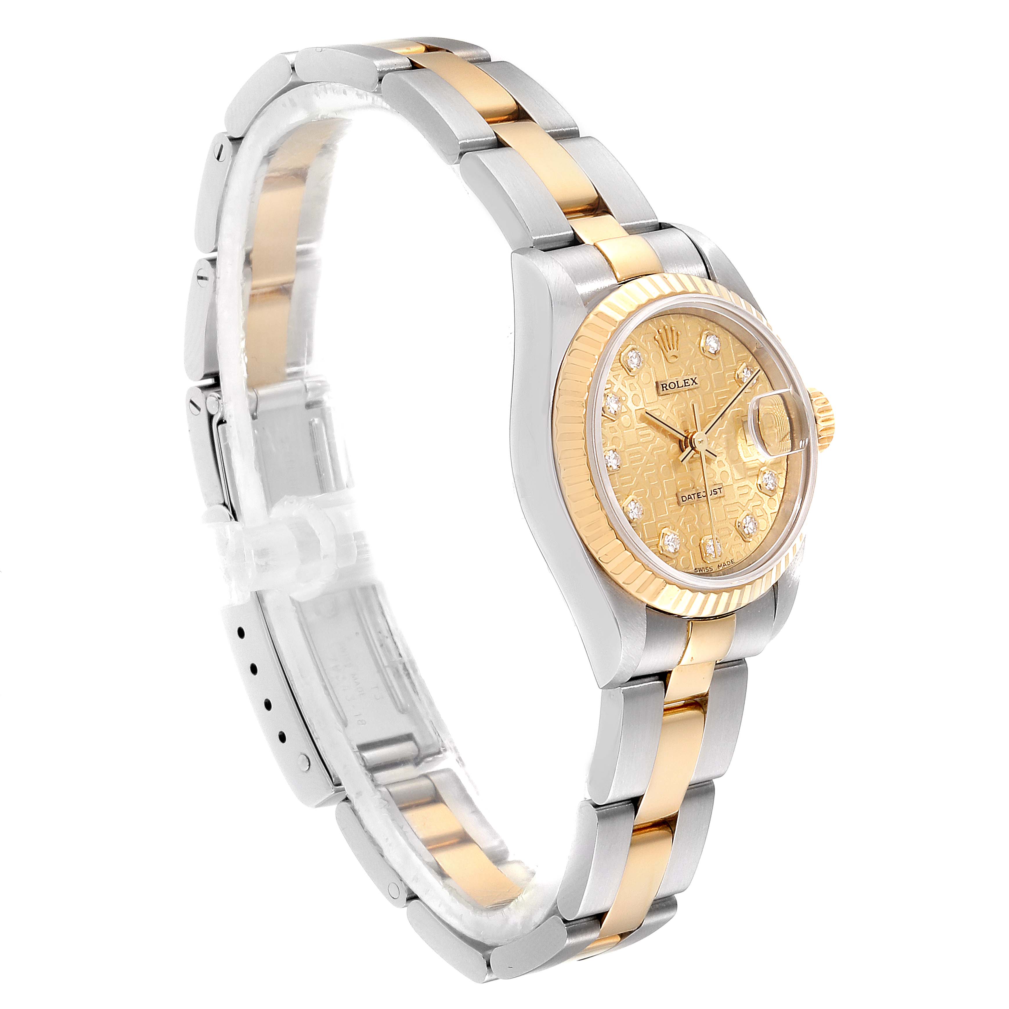 This image shows a side angle of the Rolex Datejust 79173 Women's Steel and Gold (two tone) Champagne Dial 79173 Women's Steel and Gold (two tone) Champagne Dial watch, highlighting its two-tone bracelet and gold dial with diamond markers.