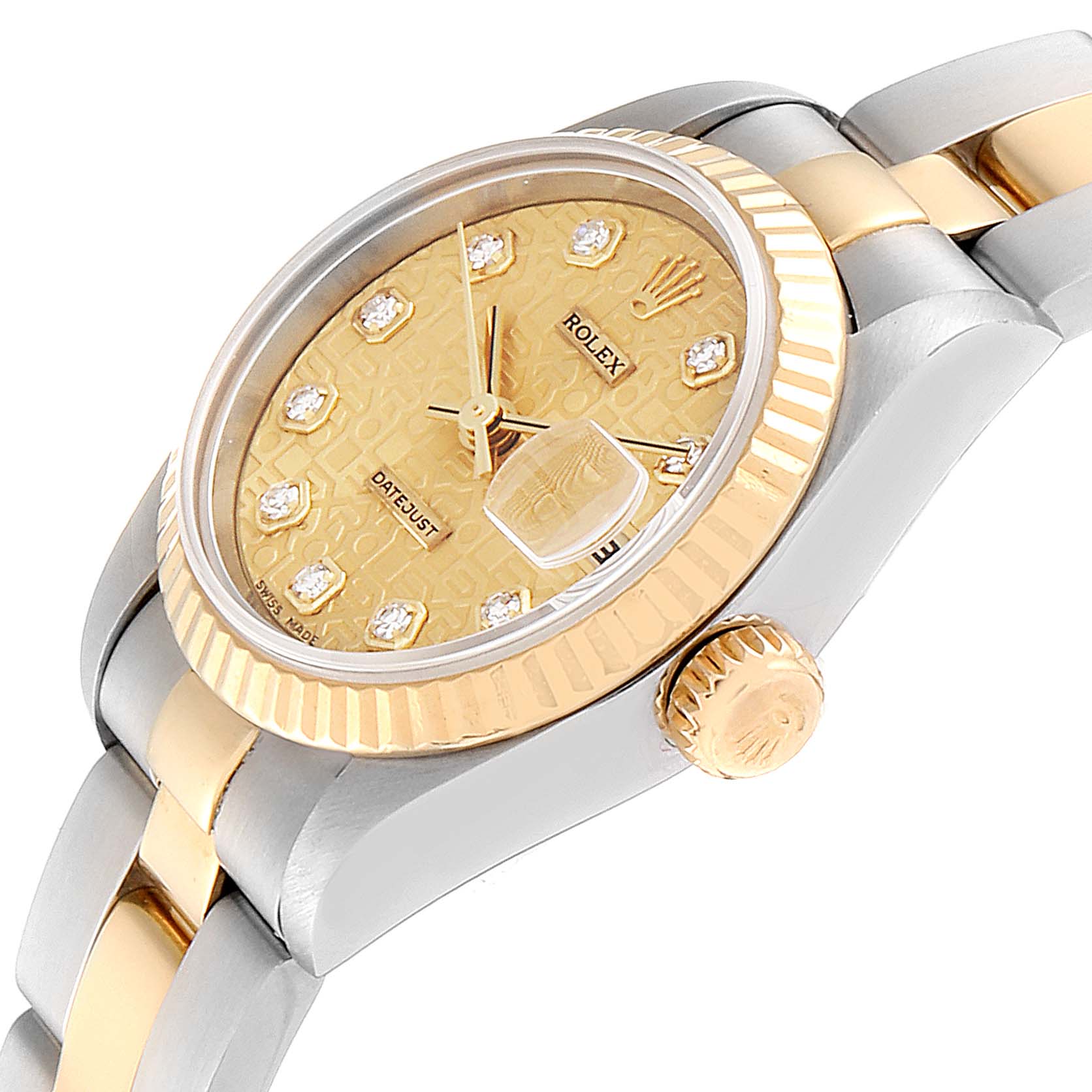 The Rolex Datejust 79173 Women's Steel and Gold (two tone) Champagne Dial 79173 Women's Steel and Gold (two tone) Champagne Dial watch is shown at an angle highlighting its dial, crown, and part of the bracelet.