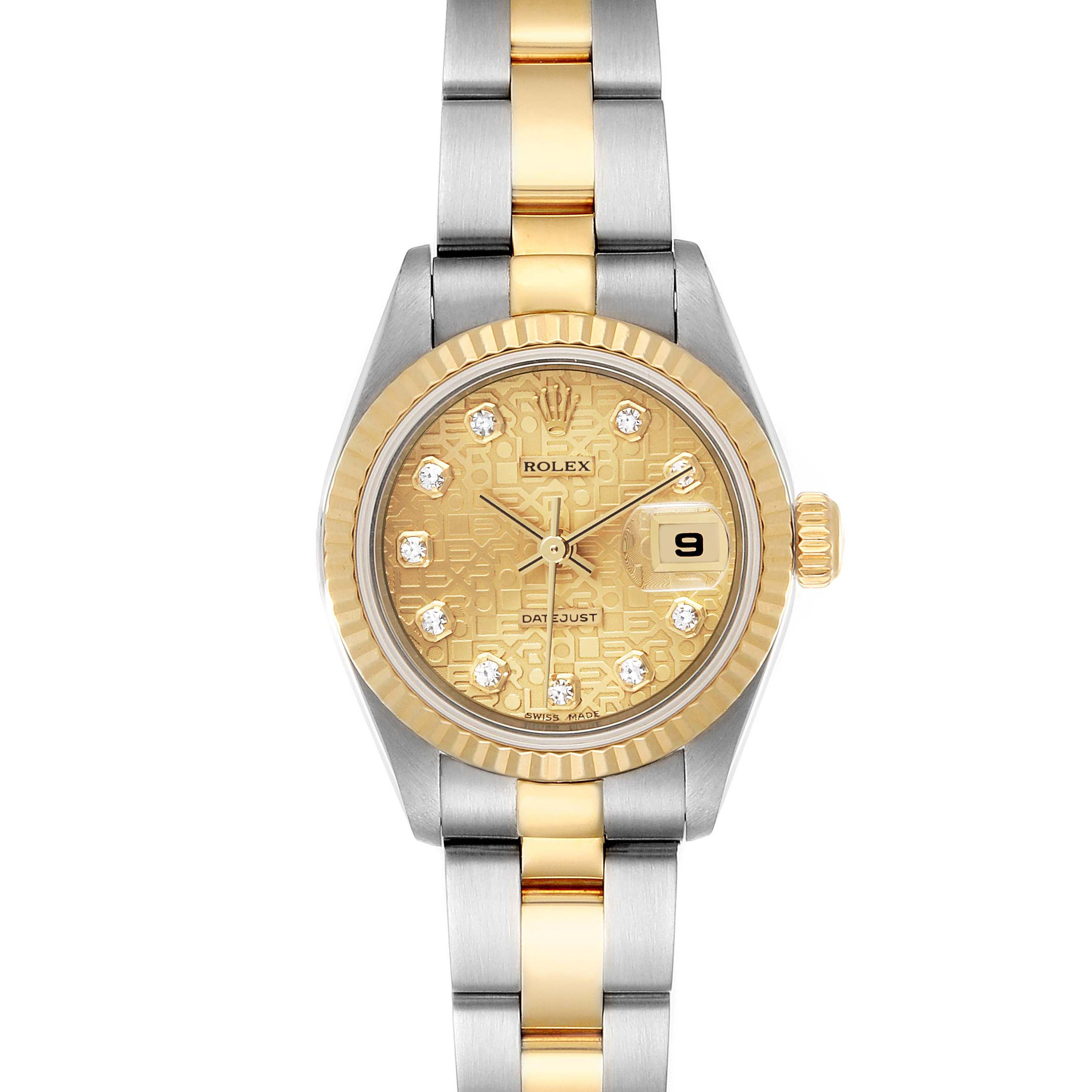 The image shows a front view of the Rolex Datejust 79173 Women's Steel and Gold (two tone) Champagne Dial 79173 Women's Steel and Gold (two tone) Champagne Dial watch, highlighting its dial, bezel, and two-tone metal strap.