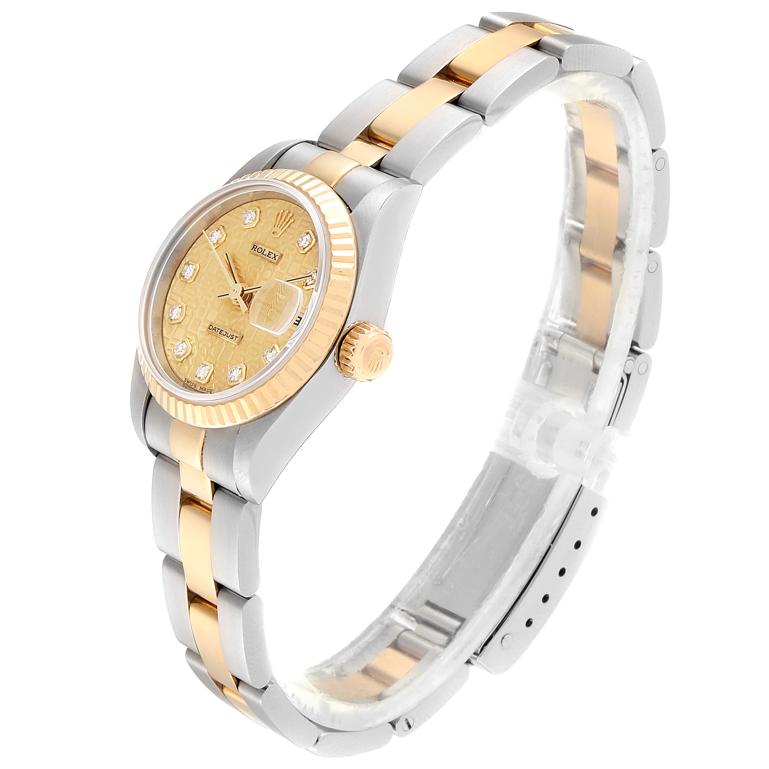 The image shows a Rolex Datejust 79173 Women's Steel and Gold (two tone) Champagne Dial 79173 Women's Steel and Gold (two tone) Champagne Dial watch at a three-quarter angle, highlighting the bezel, dial, crown, and bracelet.