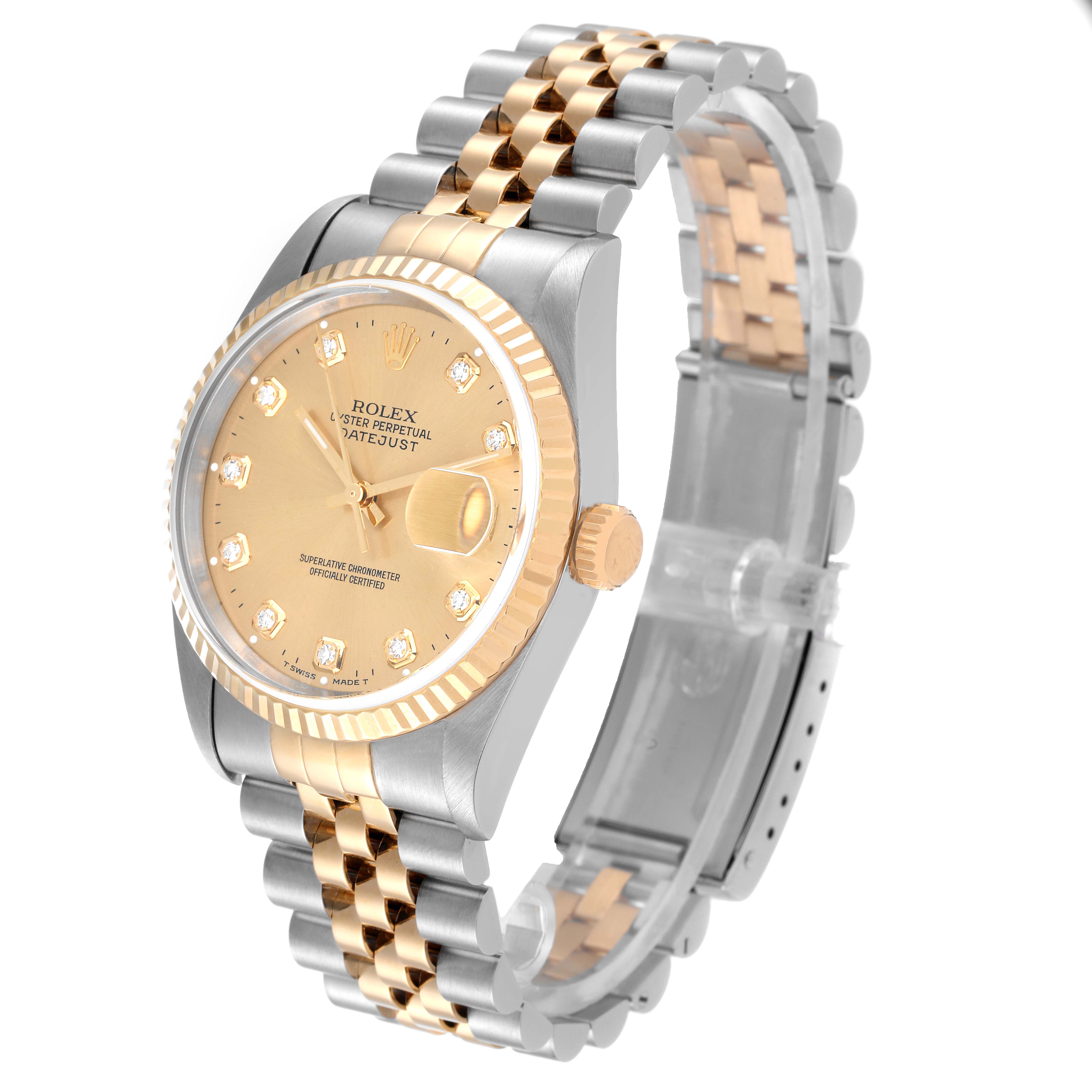 The Rolex Datejust 16233 Men
s Stainless Steel Champagne Dial 16233 Men
s Stainless Steel Champagne Dial watch is shown at an angled view, highlighting its face, crown, and jubilee bracelet.