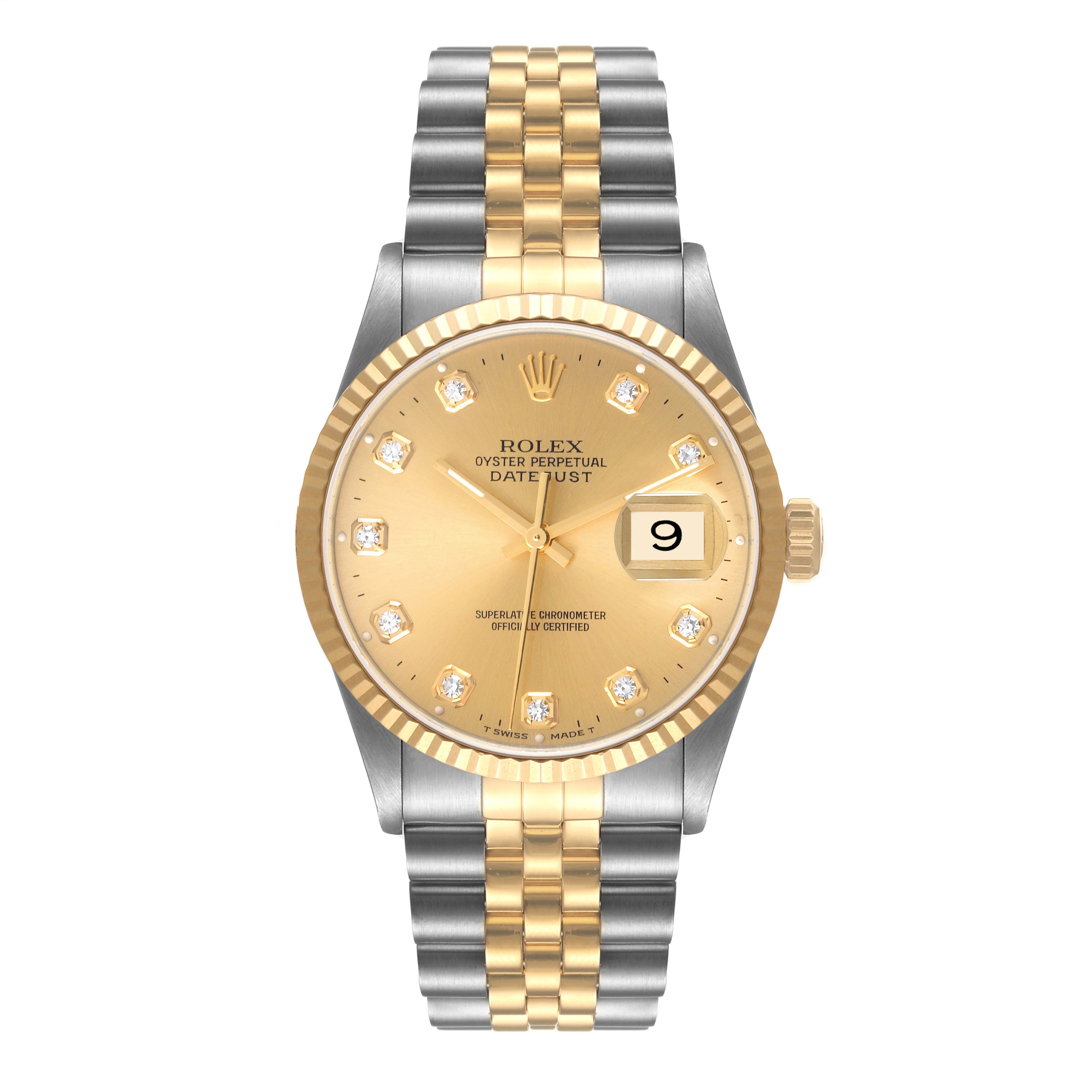 The image shows a front view of the Rolex Datejust 16233 Men
s Stainless Steel Champagne Dial 16233 Men
s Stainless Steel Champagne Dial watch, featuring a gold dial and two-tone bracelet with a date display.