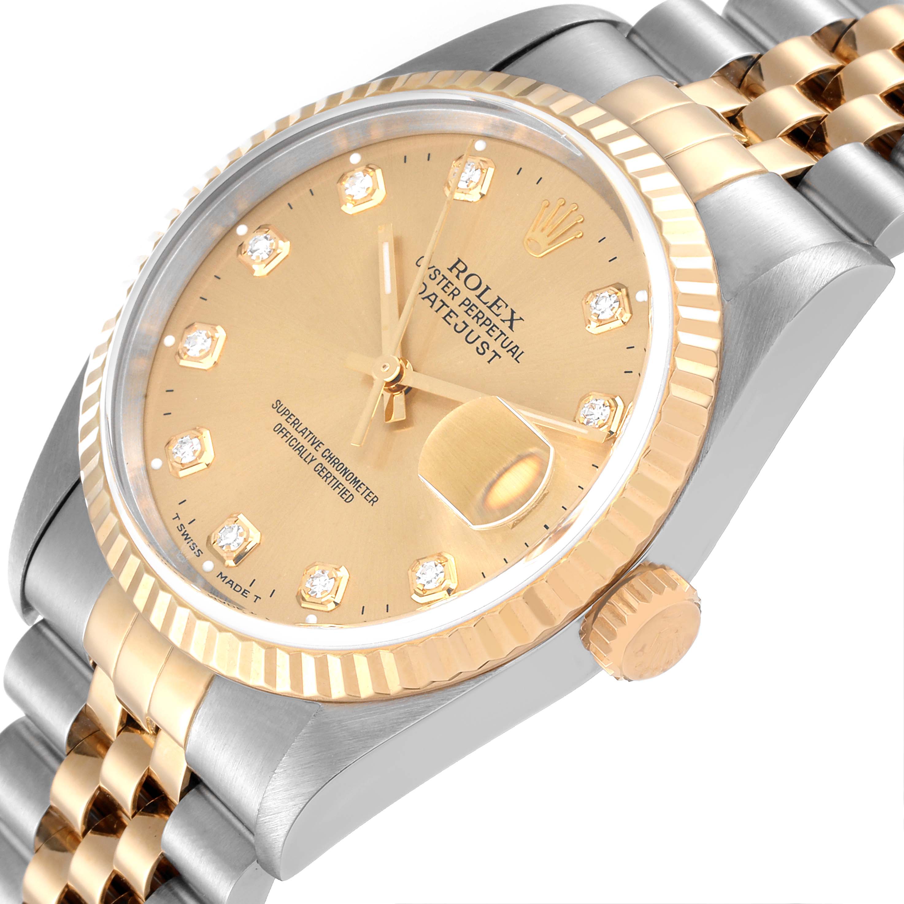 The image shows a close-up angle of a Rolex Datejust 16233 Men
s Stainless Steel Champagne Dial 16233 Men
s Stainless Steel Champagne Dial, featuring the dial, bezel, crown, and part of the bracelet.