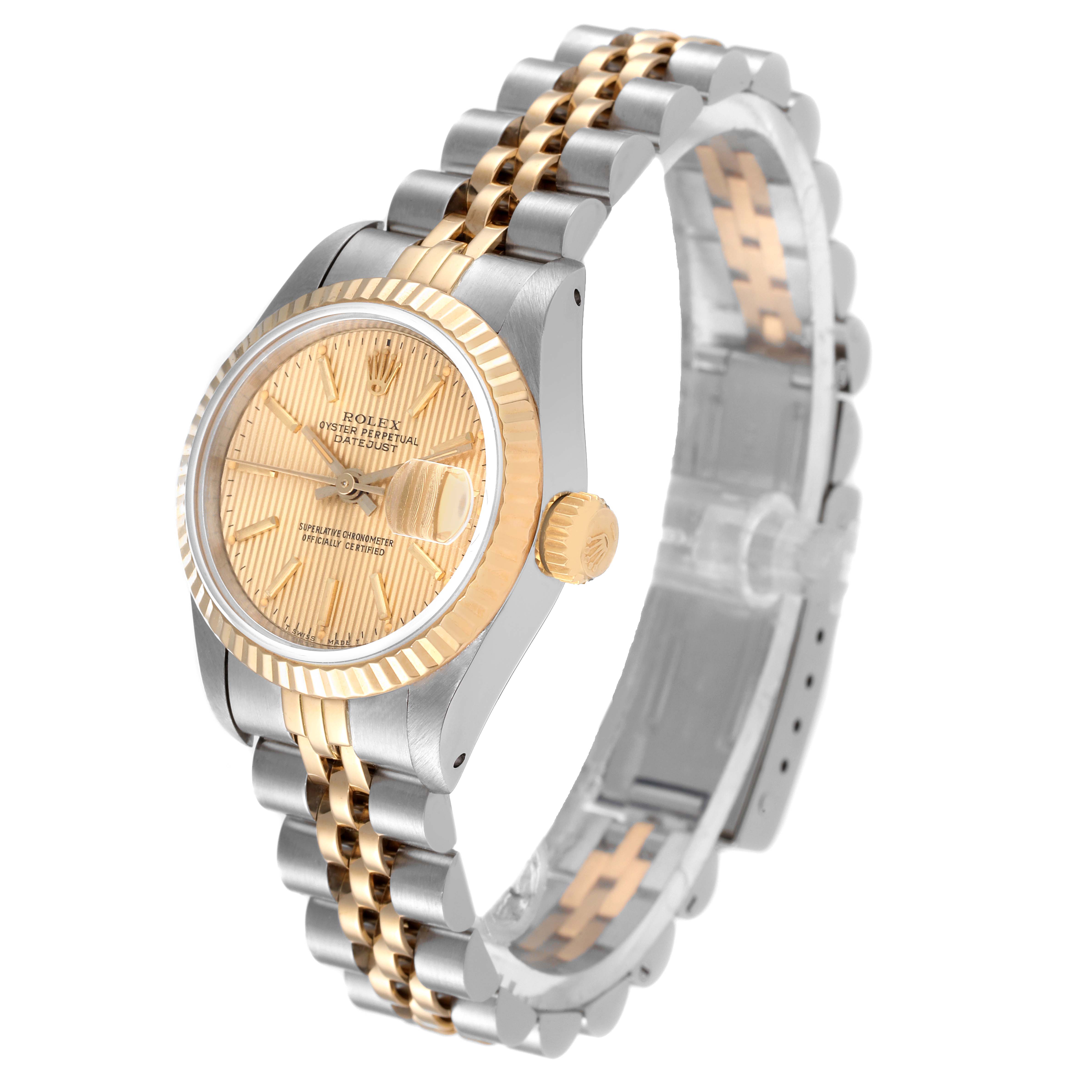 The image shows a Rolex Datejust 69173 Women's Steel and Gold (two tone) Champagne Dial 69173 Women's Steel and Gold (two tone) Champagne Dial watch from a three-quarter angle featuring its gold and silver bracelet and gold fluted bezel.