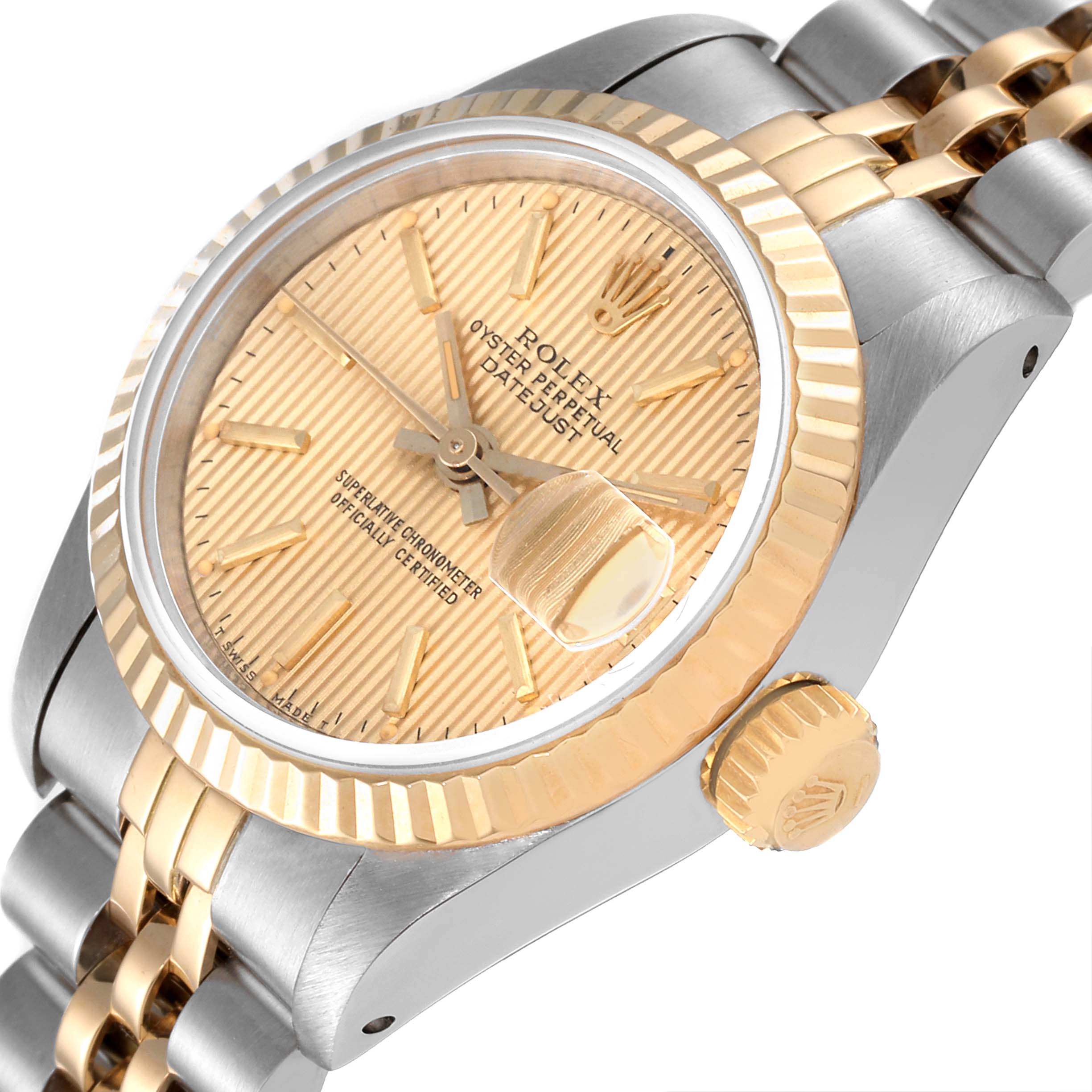 The image shows a close-up side angle of a Rolex Datejust 69173 Women's Steel and Gold (two tone) Champagne Dial 69173 Women's Steel and Gold (two tone) Champagne Dial watch, highlighting the dial, fluted bezel, and jubilee bracelet.