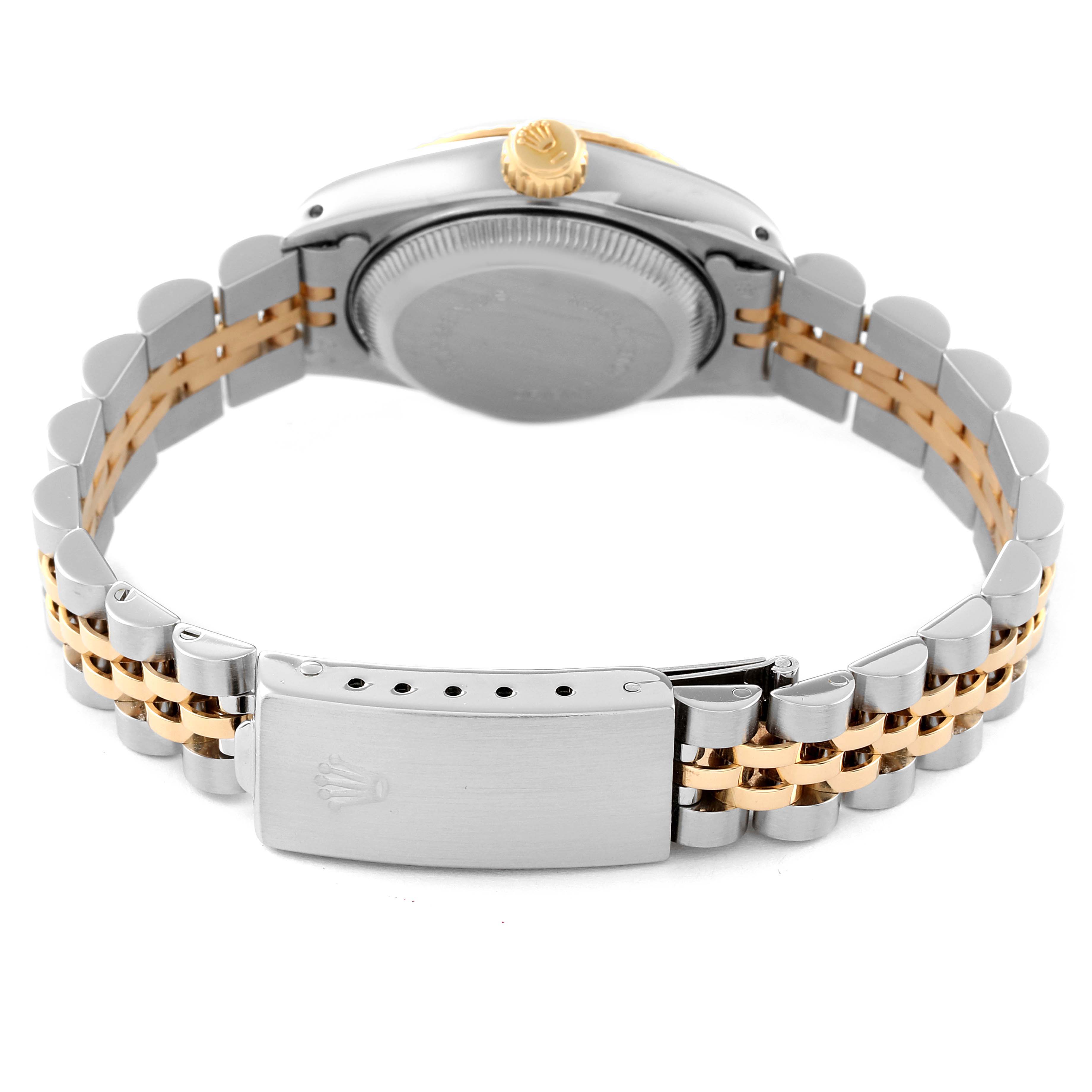 This image shows the back view of a Rolex Datejust 69173 Women's Steel and Gold (two tone) Champagne Dial 69173 Women's Steel and Gold (two tone) Champagne Dial, highlighting its two-tone bracelet and clasp.