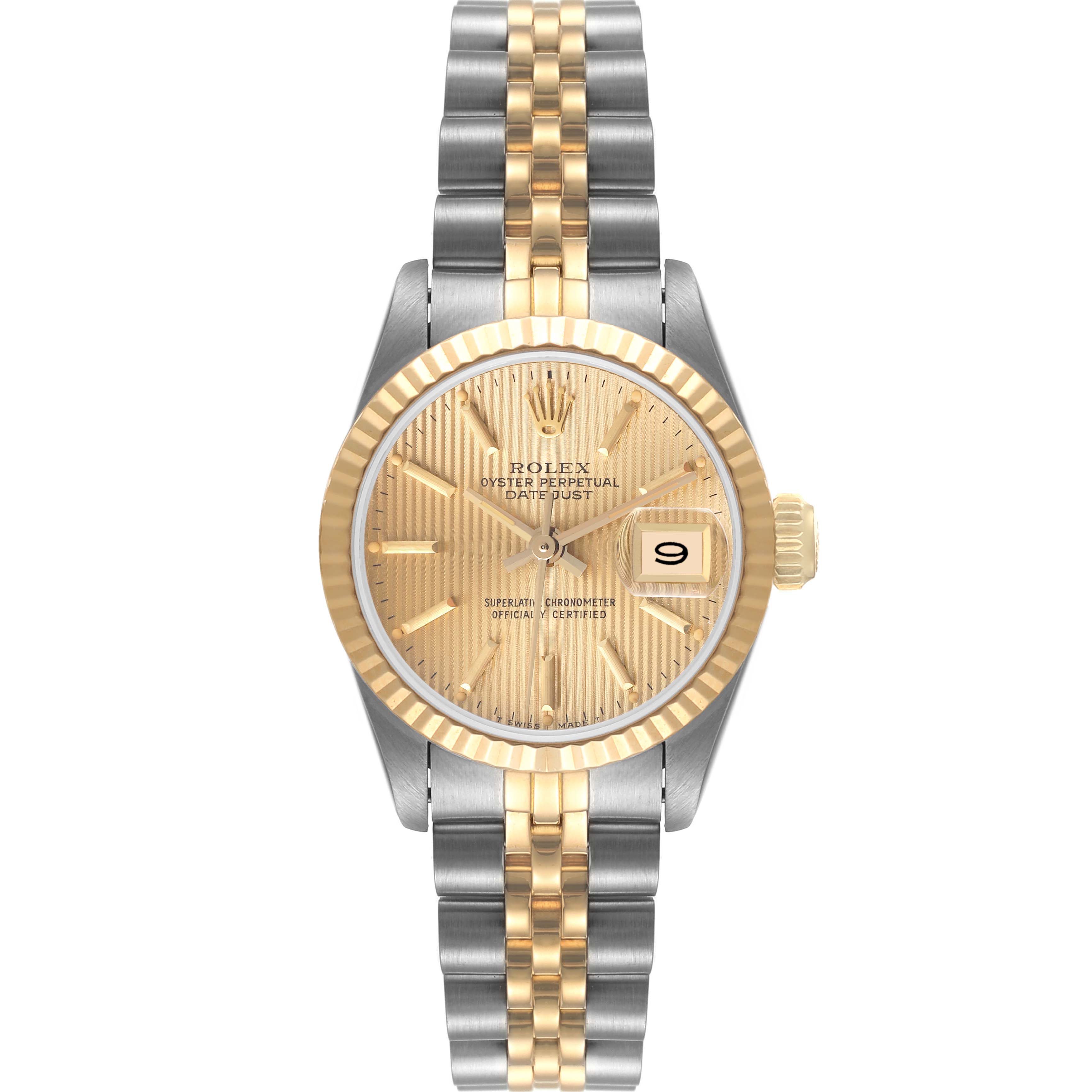 The image shows a front view of a Rolex Datejust 69173 Women's Steel and Gold (two tone) Champagne Dial 69173 Women's Steel and Gold (two tone) Champagne Dial watch with a two-tone bracelet and gold dial.