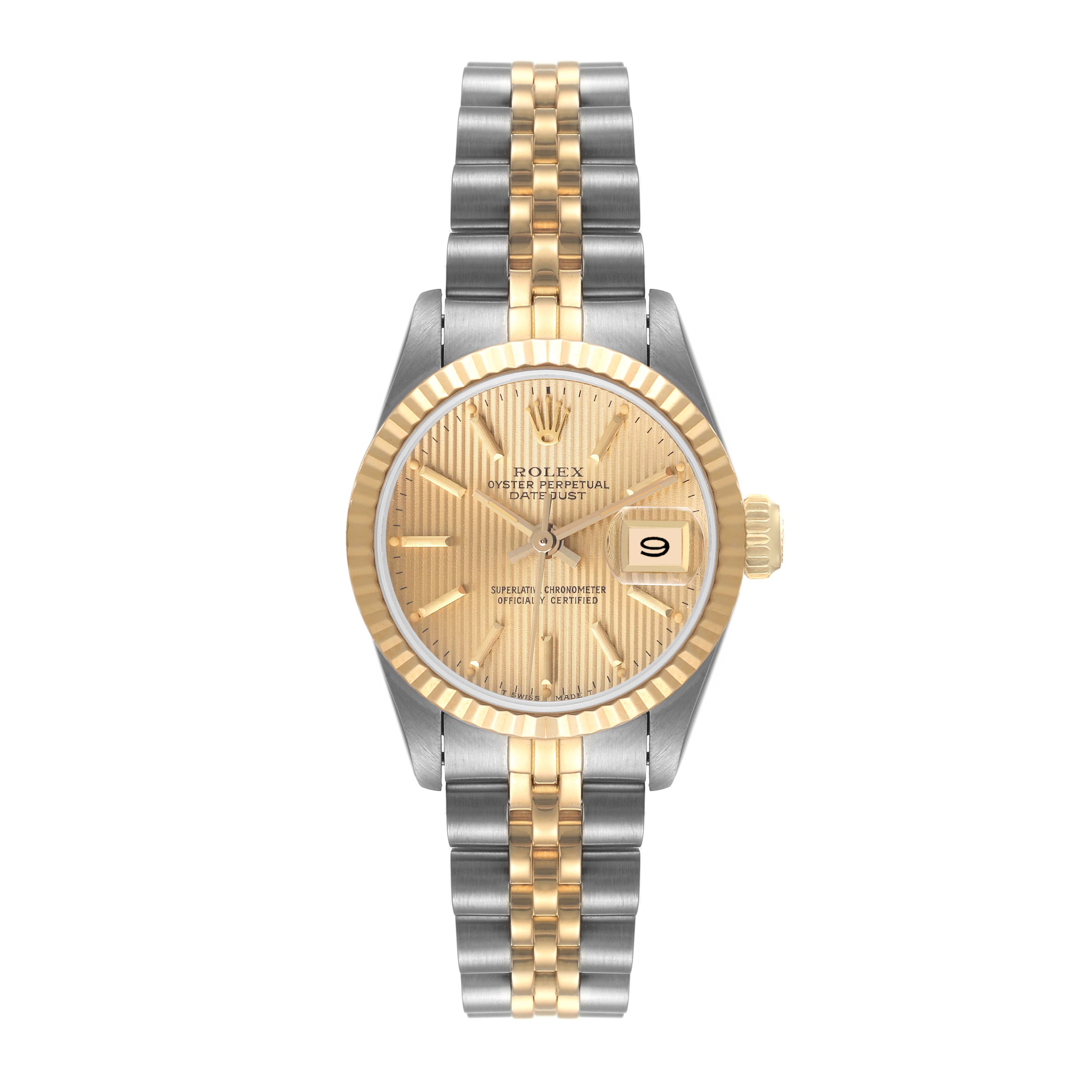 This image shows a front view of a Rolex Datejust 69173 Women's Steel and Gold (two tone) Champagne Dial 69173 Women's Steel and Gold (two tone) Champagne Dial watch, highlighting the face, bezel, and two-tone bracelet.