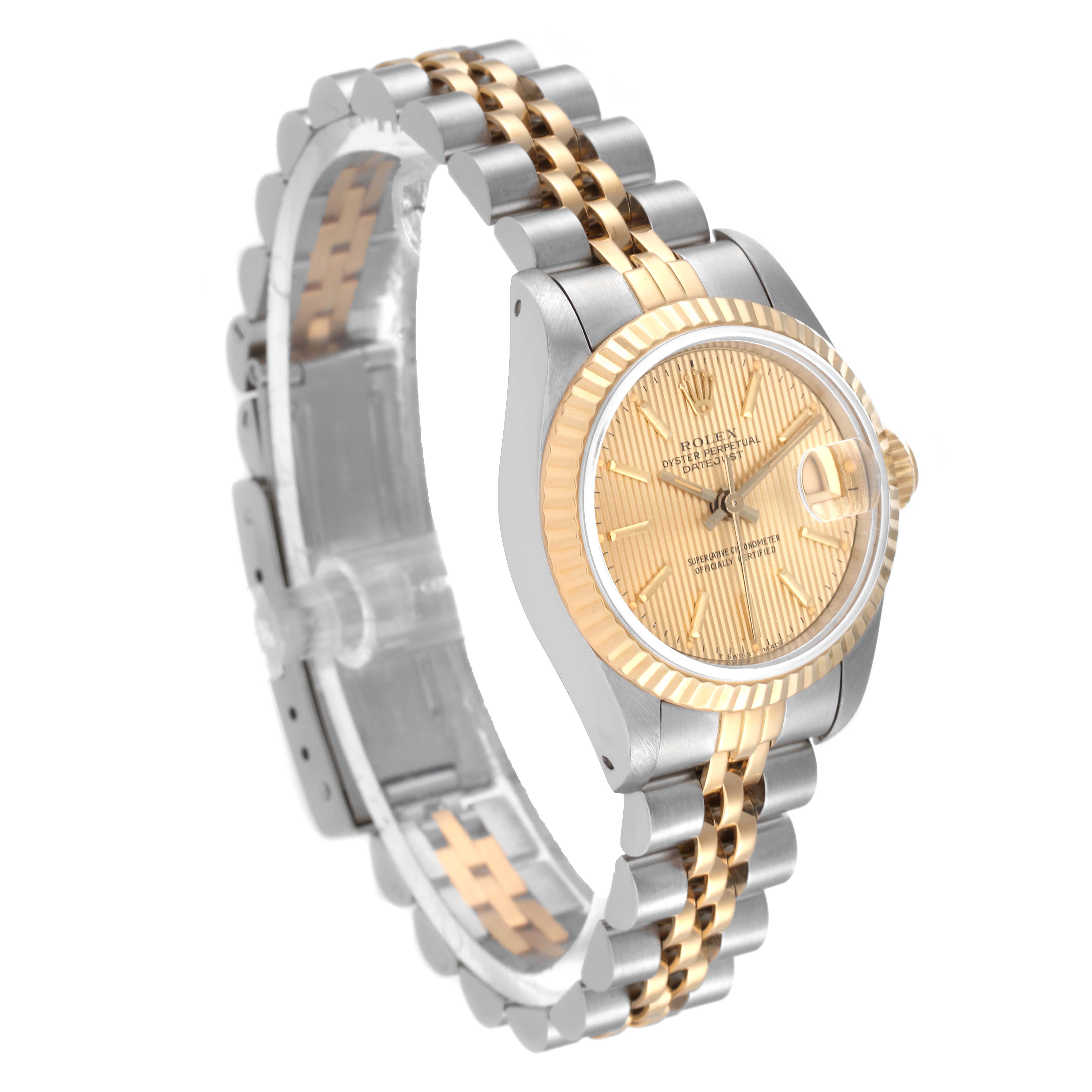 This image shows a Rolex Datejust 69173 Women's Steel and Gold (two tone) Champagne Dial 69173 Women's Steel and Gold (two tone) Champagne Dial watch from an oblique side angle, highlighting the face, bezel, and Jubilee bracelet.