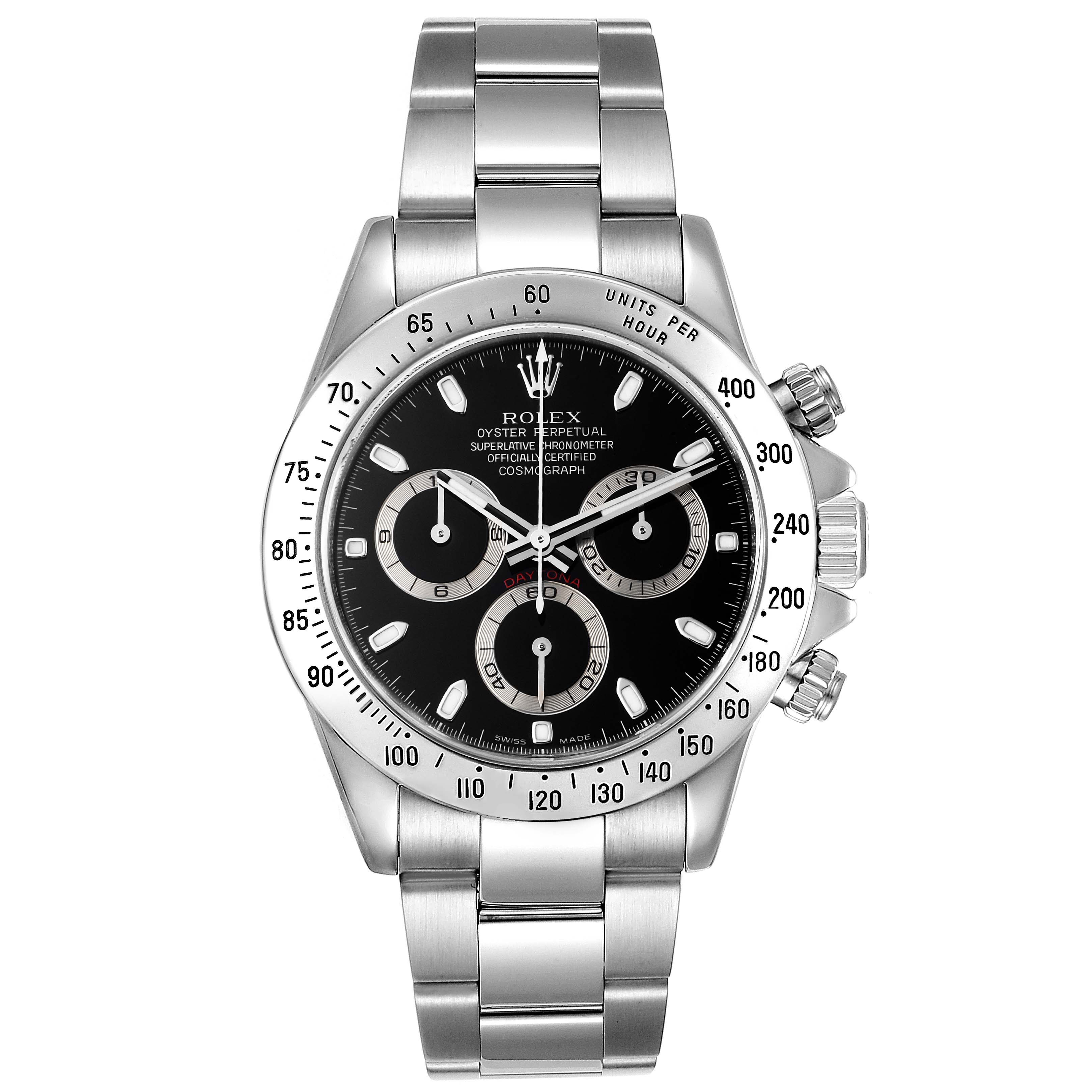 This image shows a full frontal view of a Rolex Daytona 116520 Men's Stainless Steel Black Dial 116520 Men's Stainless Steel Black Dial watch, highlighting its stainless steel bracelet, tachymeter bezel, and chronograph dial.