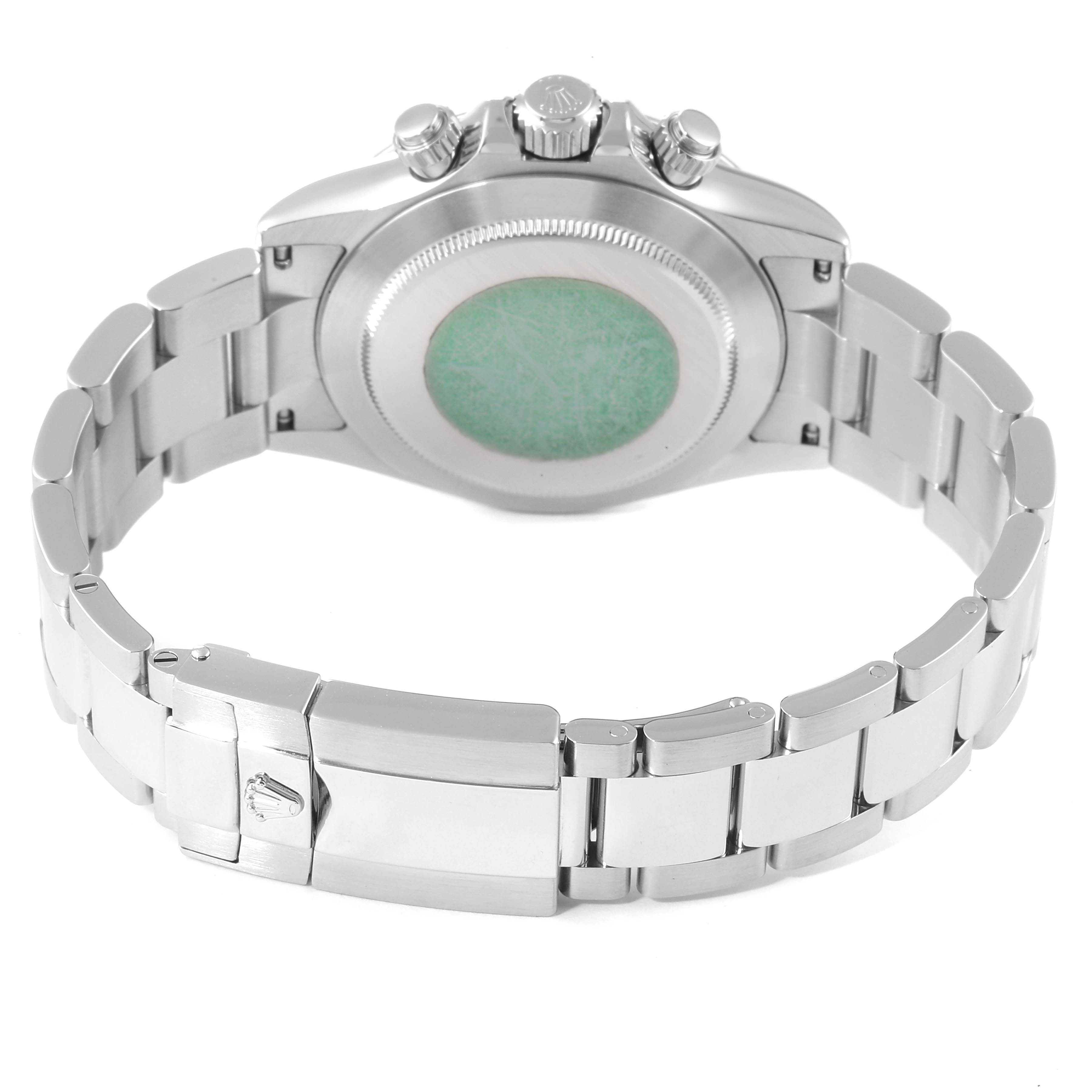 The image shows the back view of a Rolex Daytona 116520 Men's Stainless Steel Black Dial 116520 Men's Stainless Steel Black Dial watch, highlighting its caseback, bracelet, and clasp.