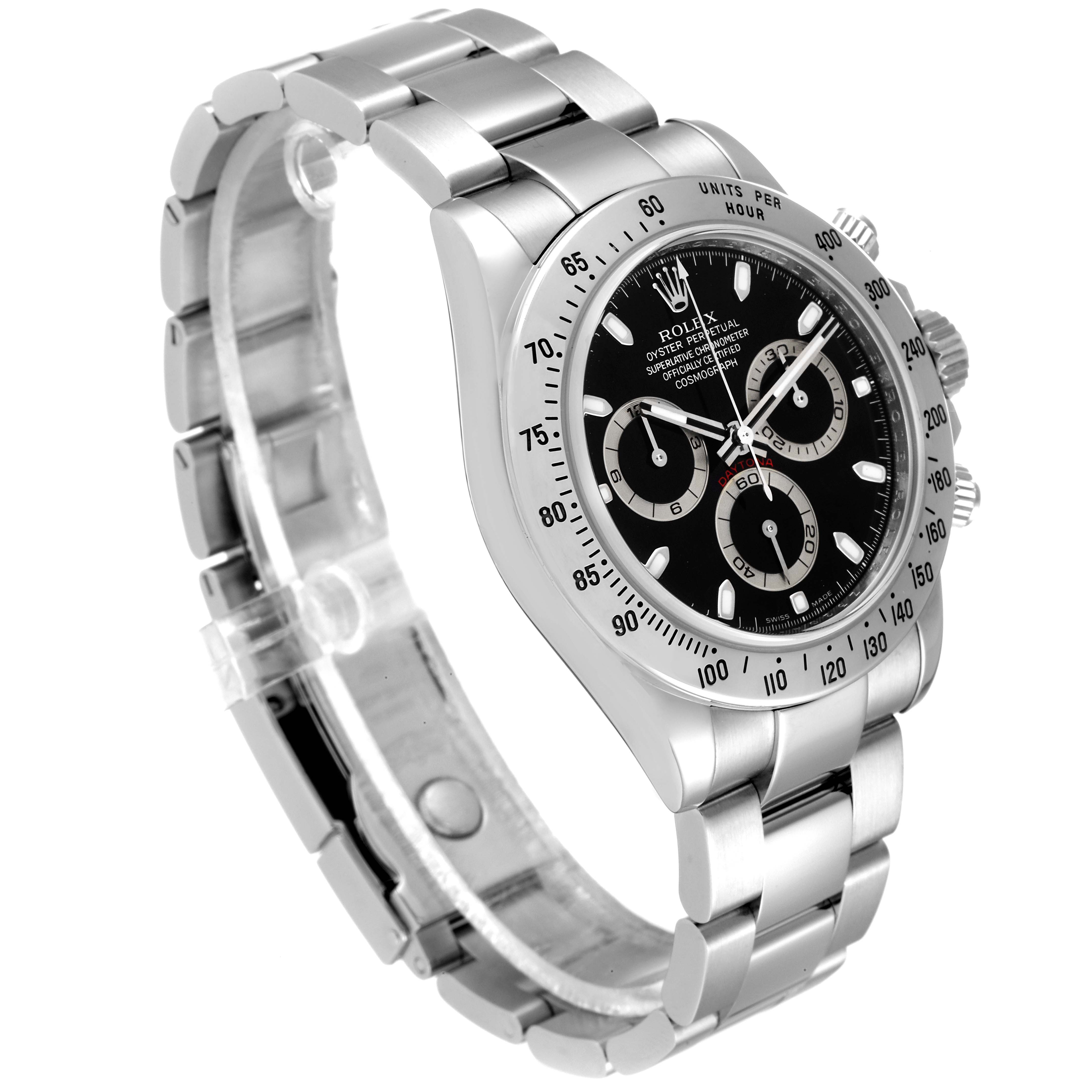 The image shows a Rolex Daytona 116520 Men's Stainless Steel Black Dial 116520 Men's Stainless Steel Black Dial watch at a 3/4 angle, highlighting its stainless steel case, bracelet, and black dial with subdials.