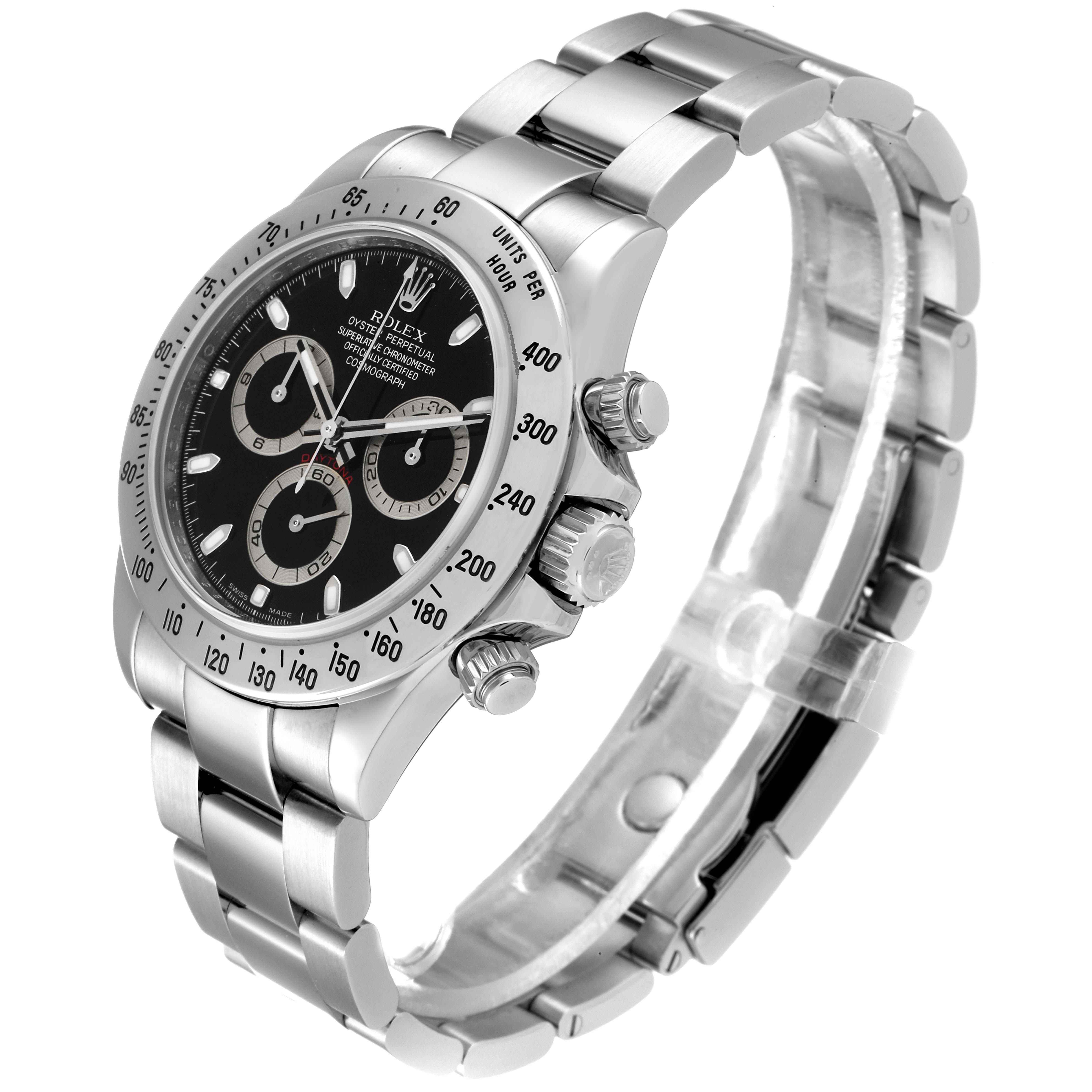 The image shows a side and partial top view of the Rolex Daytona 116520 Men's Stainless Steel Black Dial 116520 Men's Stainless Steel Black Dial watch, highlighting the bezel, dial, subdials, and bracelet.