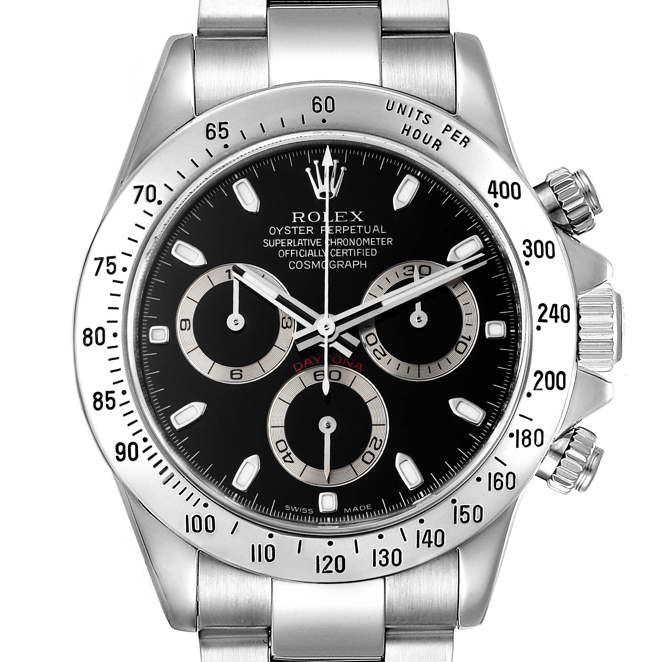 This image shows a front view of a Rolex Daytona 116520 Men's Stainless Steel Black Dial 116520 Men's Stainless Steel Black Dial, highlighting its dial, bezel, crown, and pushers.