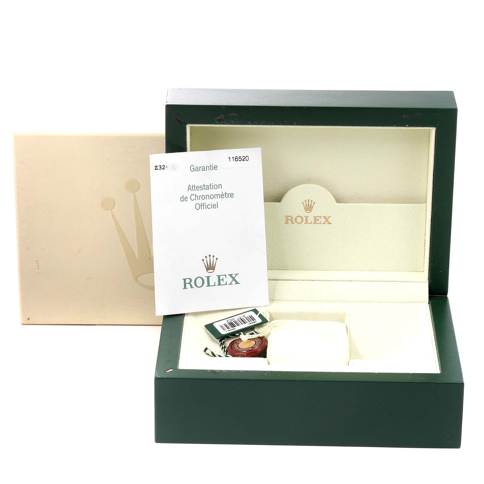 The image shows the packaging, warranty card, and tags for a Rolex Daytona 116520 Men's Stainless Steel Black Dial 116520 Men's Stainless Steel Black Dial watch.