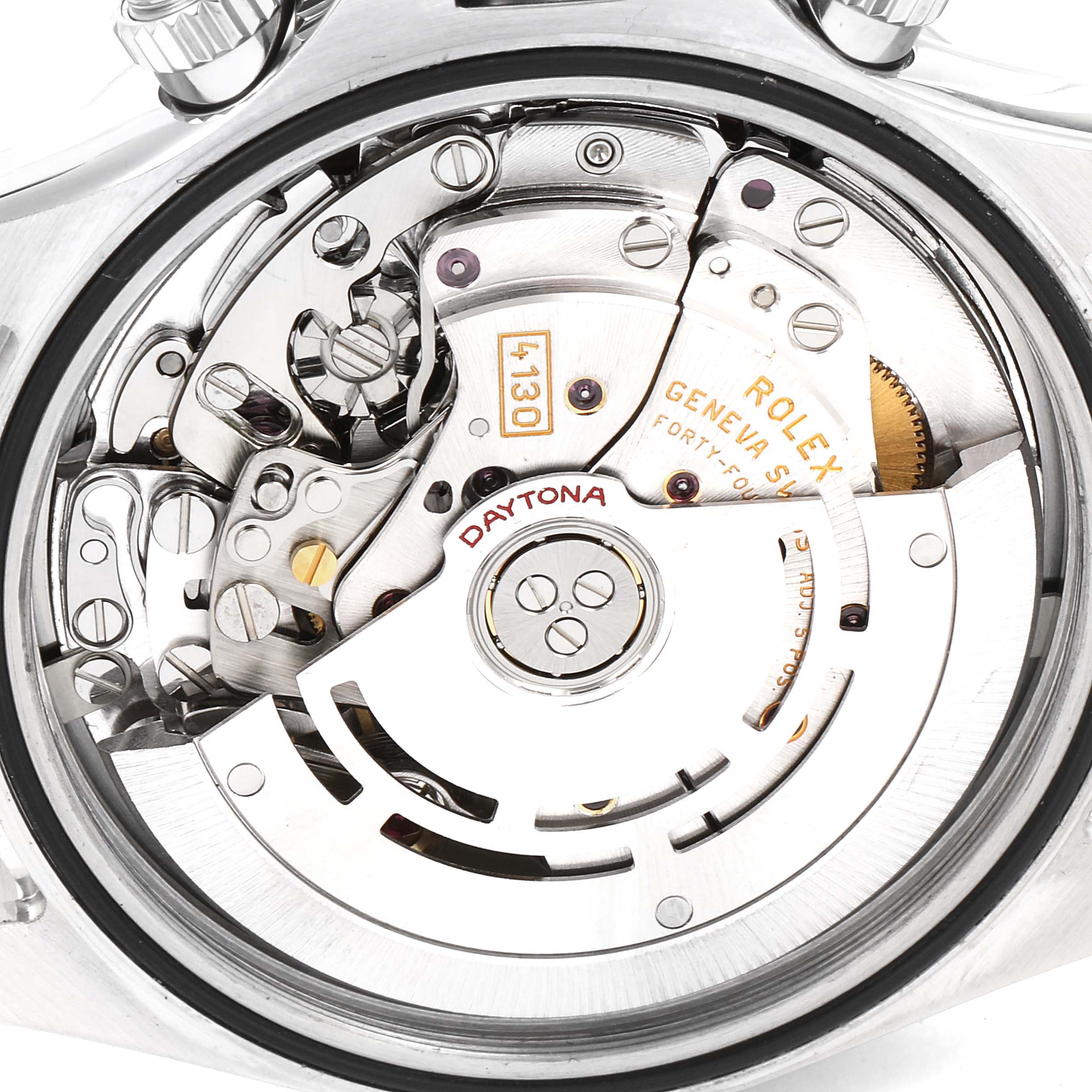 This image shows a close-up of the movement and internal mechanism of a Rolex Daytona 116520 Men's Stainless Steel Black Dial 116520 Men's Stainless Steel Black Dial watch.