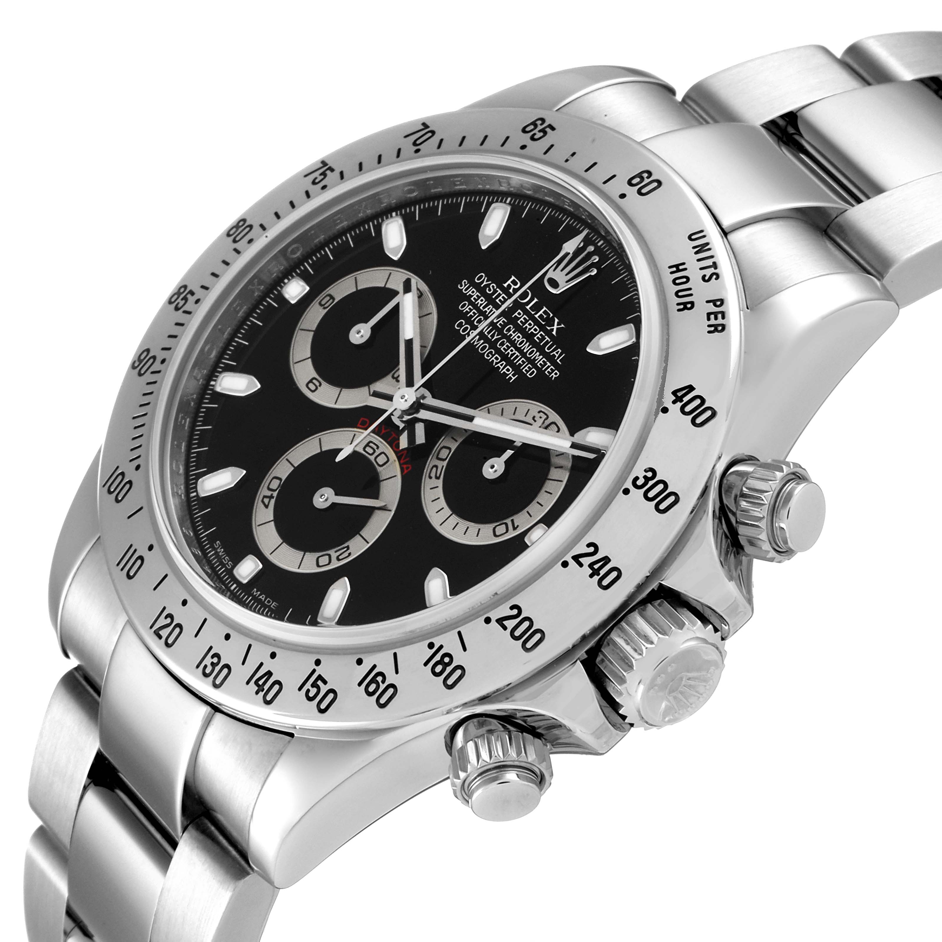 The image shows a side angle of a Rolex Daytona 116520 Men's Stainless Steel Black Dial 116520 Men's Stainless Steel Black Dial watch, highlighting the bezel, dial, crown, and bracelet.