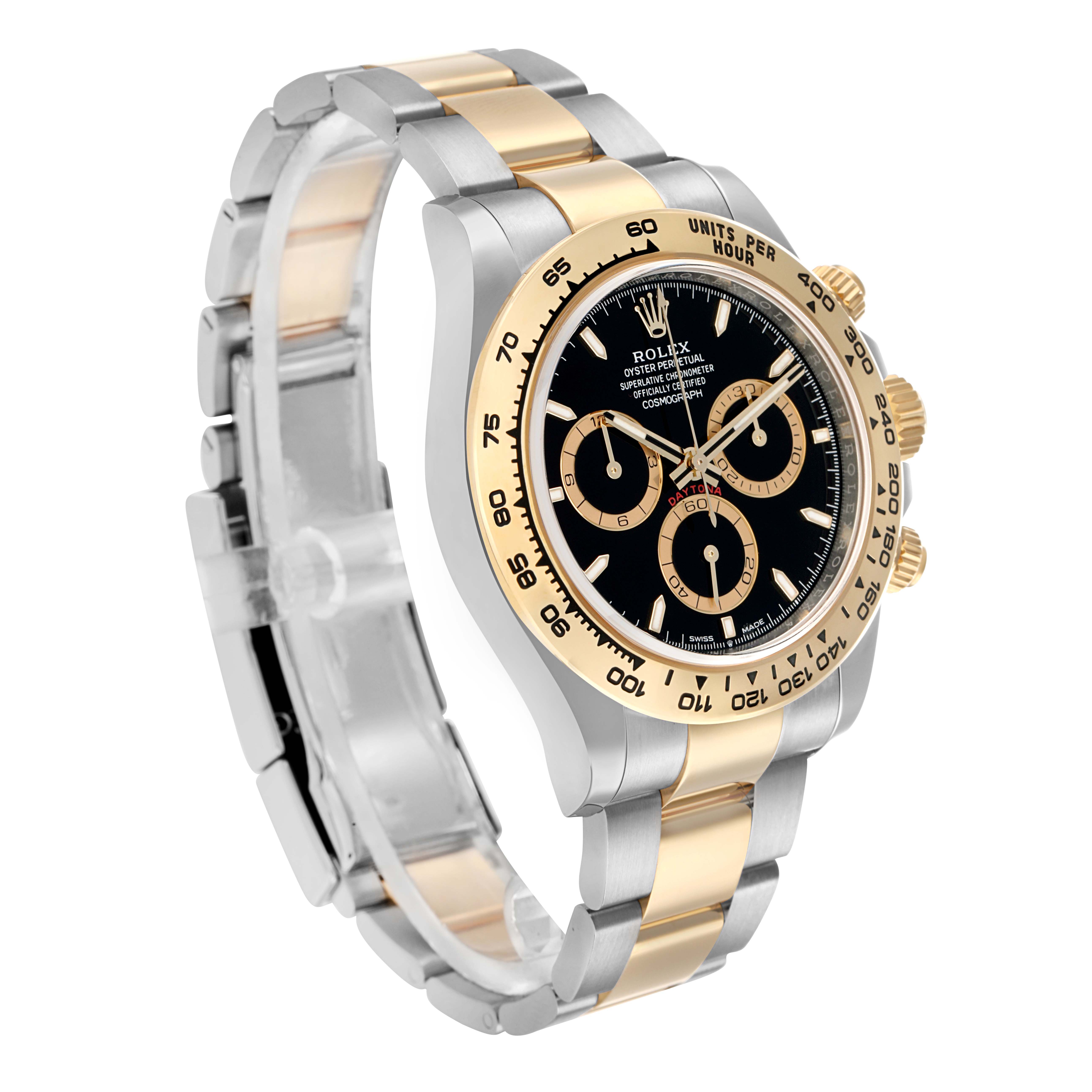 The Rolex Daytona 126503 Men
s Steel and Gold (two tone) Black Dial watch is shown from a three-quarter angle, highlighting the face, bezel, bracelet, and pushers.