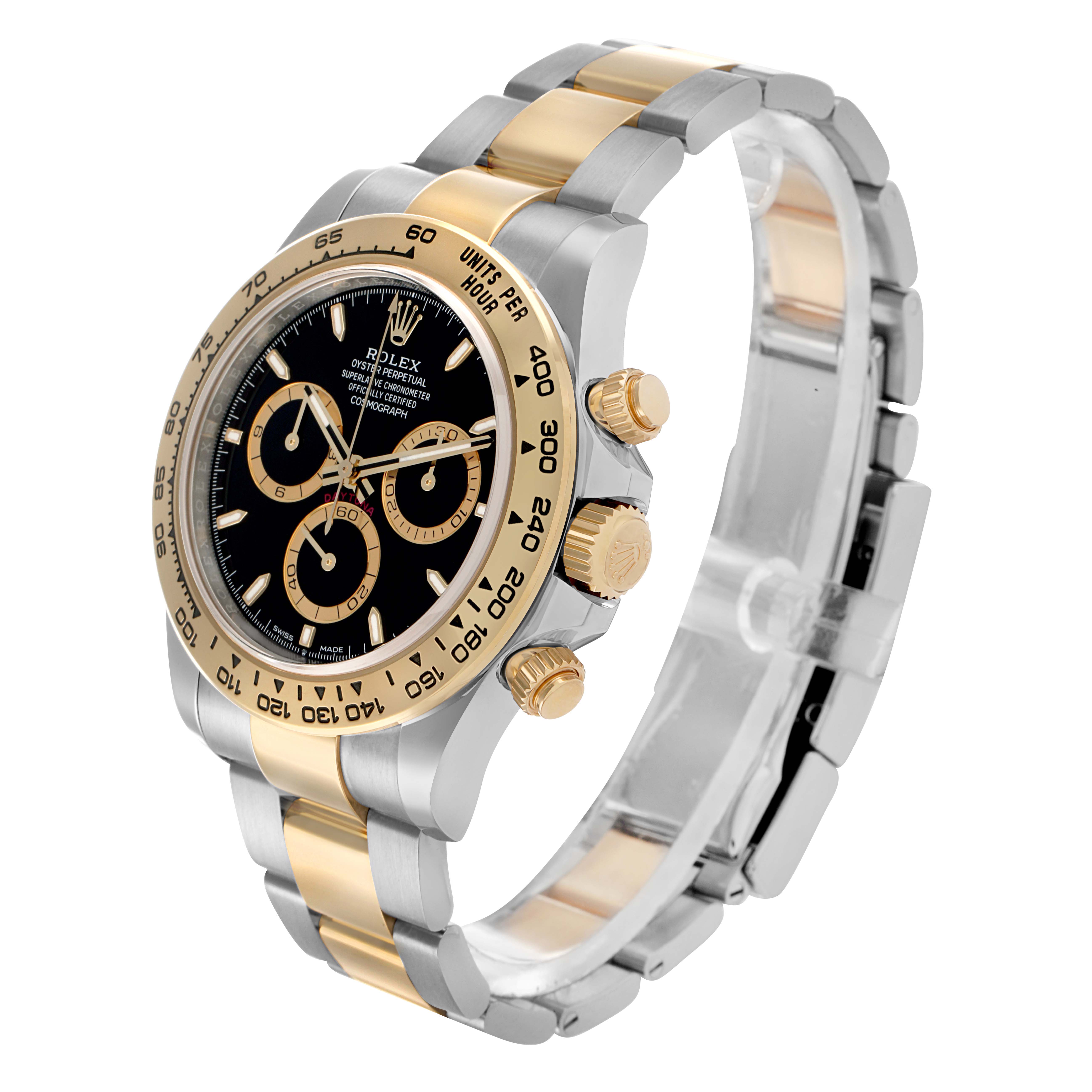 The Rolex Daytona 126503 Men
s Steel and Gold (two tone) Black Dial watch is shown at a slight angle, highlighting the bezel, dial, crown, and bracelet.