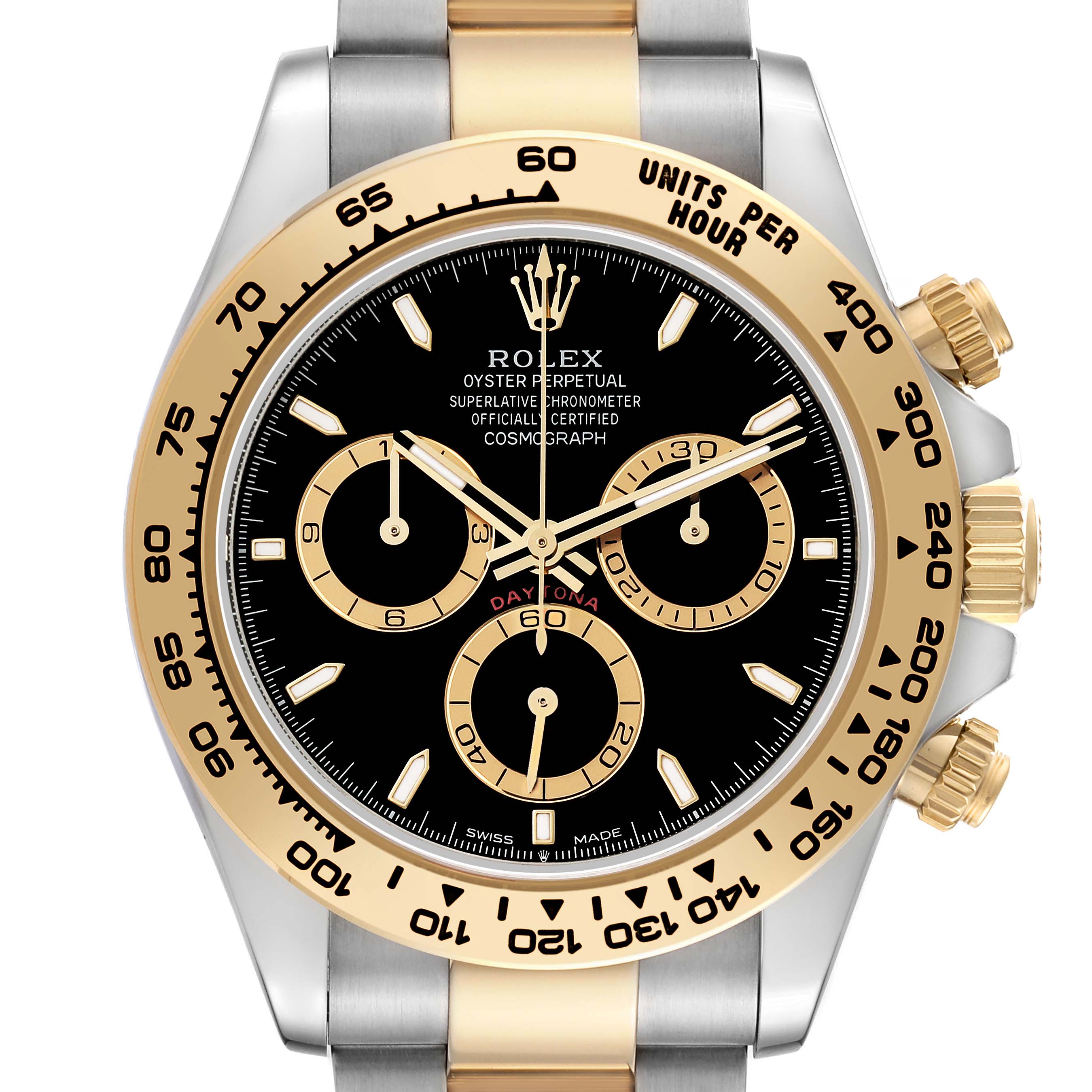 The image shows a front view of a Rolex Daytona 126503 Men
s Steel and Gold (two tone) Black Dial watch, highlighting its dial, bezel, and pushers.