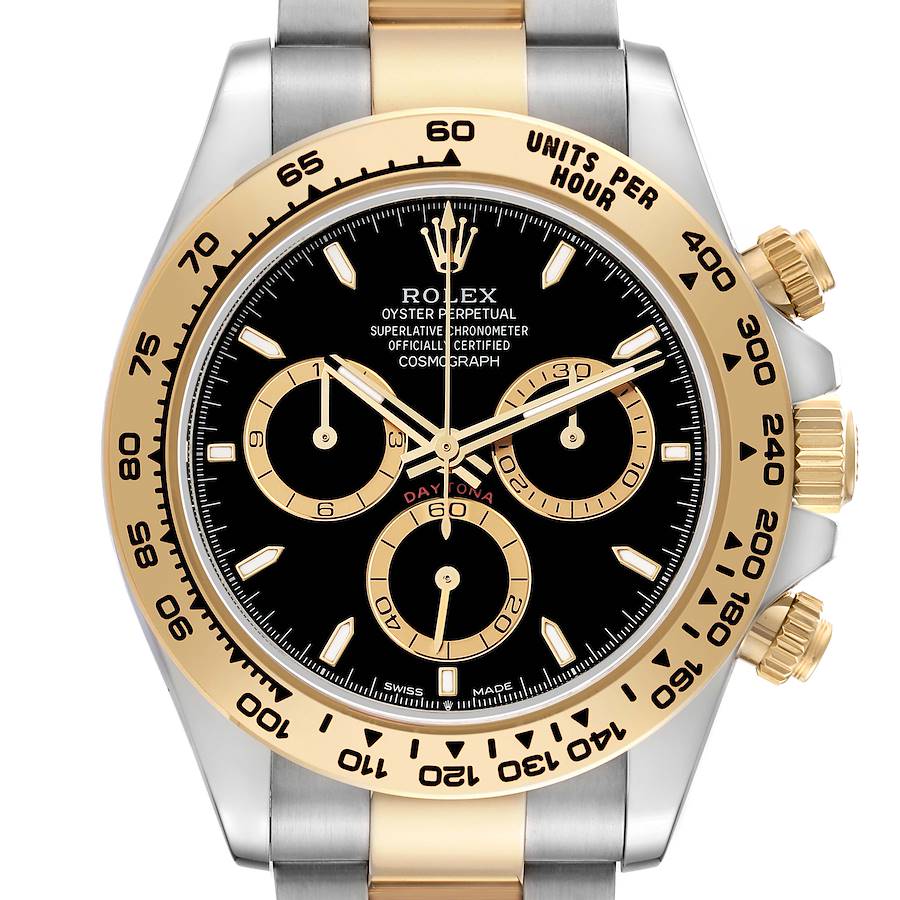 The image shows a front view of a Rolex Daytona 126503 Men's Steel and Gold (two tone) Black Dial watch, highlighting its dial, bezel, and pushers.