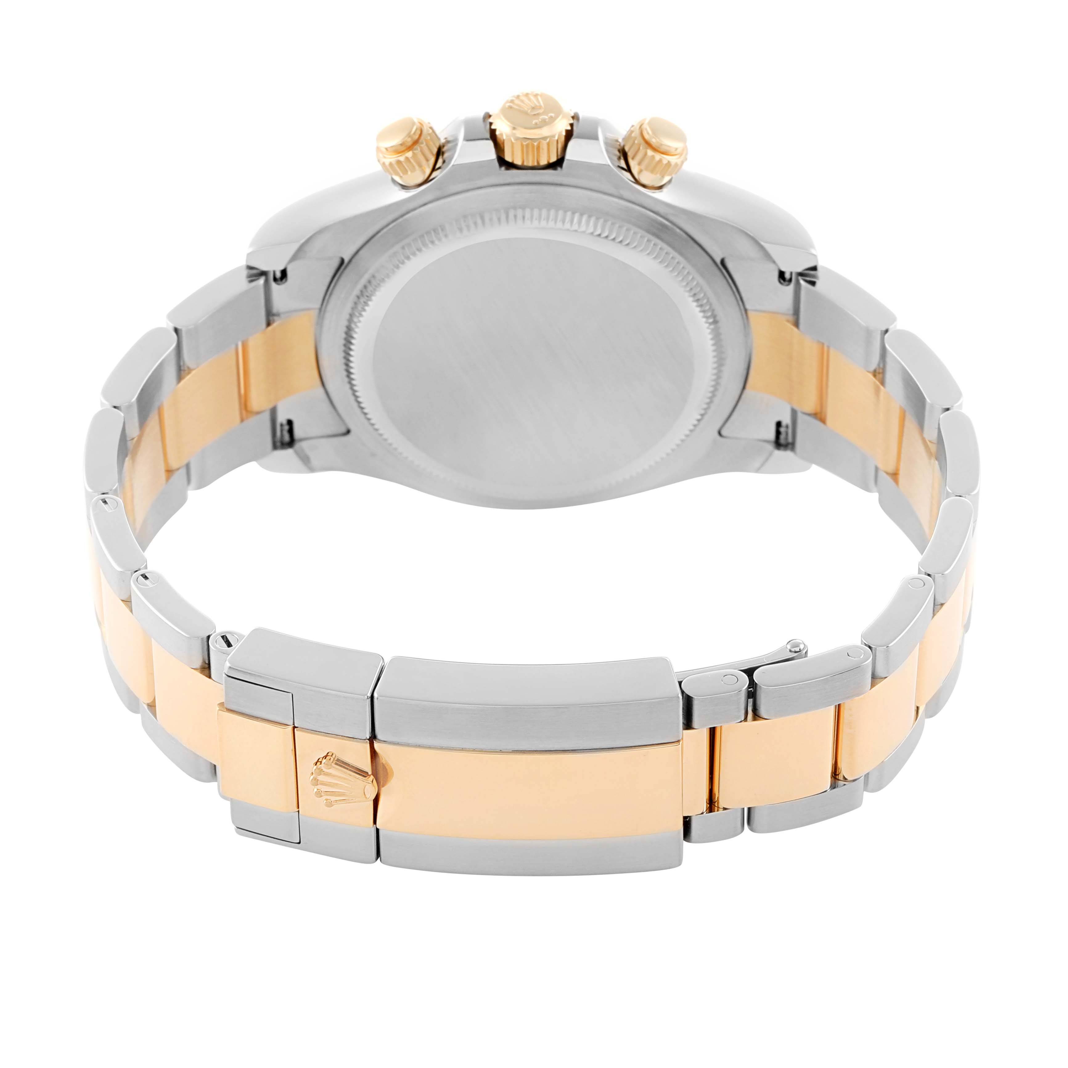 The image shows the back of a Rolex Daytona 126503 Men
s Steel and Gold (two tone) Black Dial, highlighting the clasp, bracelet, and case back from a rear angle.