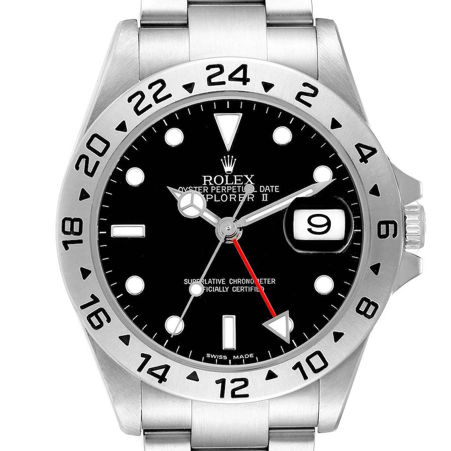 The Rolex Explorer 16570 Men's Stainless Steel Black Dial II watch is shown from the front, highlighting the dial, bezel, and bracelet.
