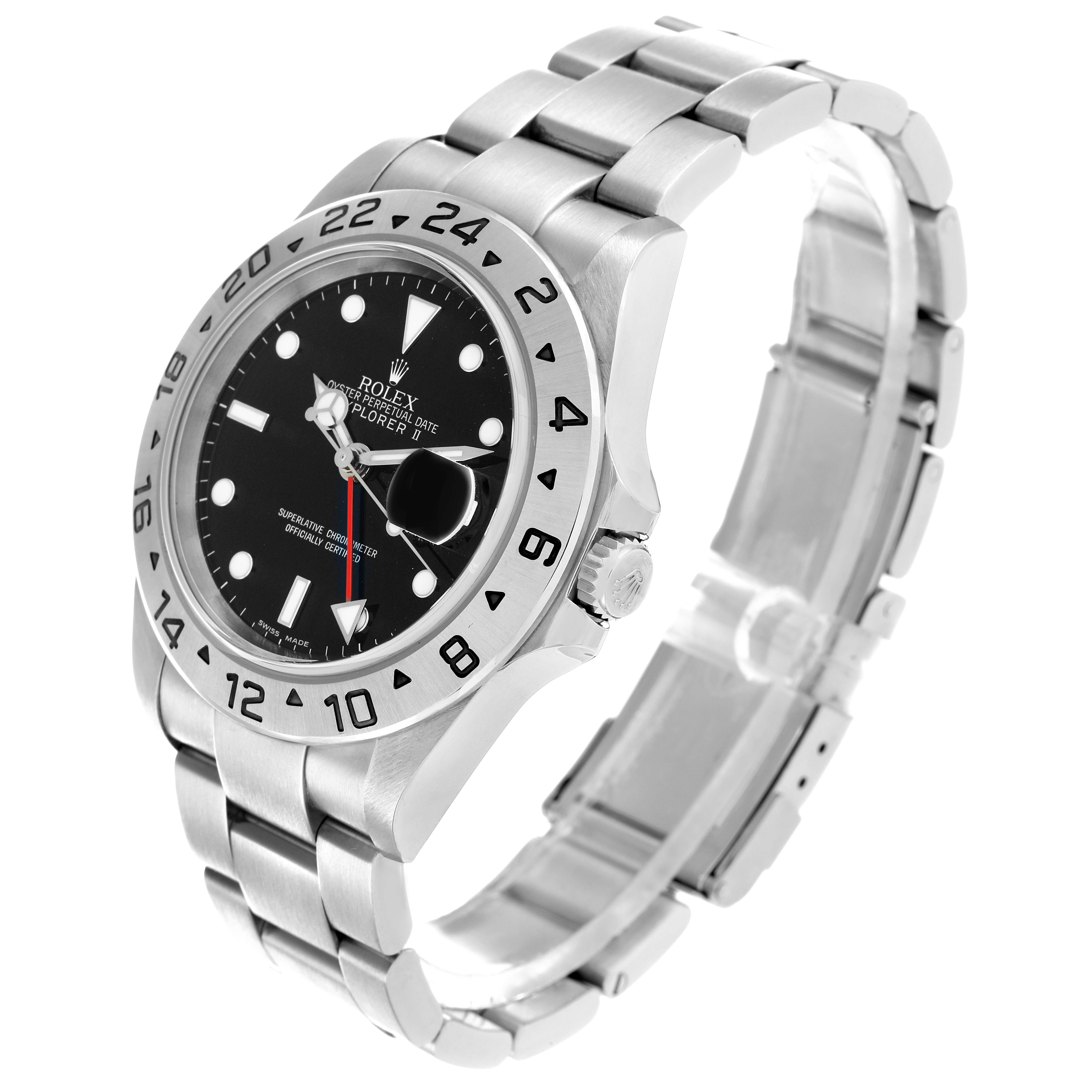The image shows a Rolex Explorer 16570 Men
s Stainless Steel Black Dial II watch at a three-quarter angle, highlighting the dial, bezel, crown, and part of the bracelet.