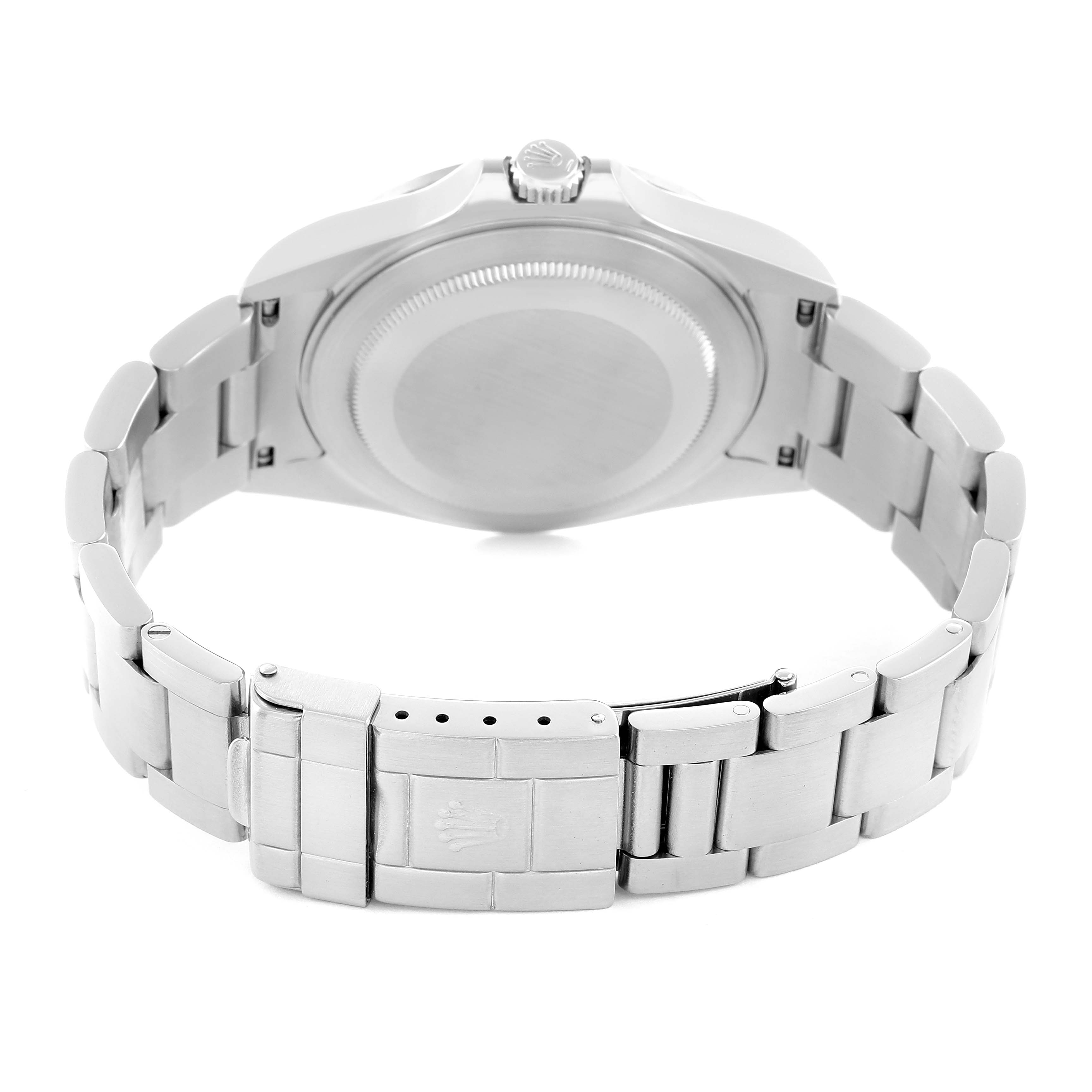 The image shows the back and bracelet clasp of the Rolex Explorer 16570 Men
s Stainless Steel Black Dial watch, highlighting the crown and caseback details.