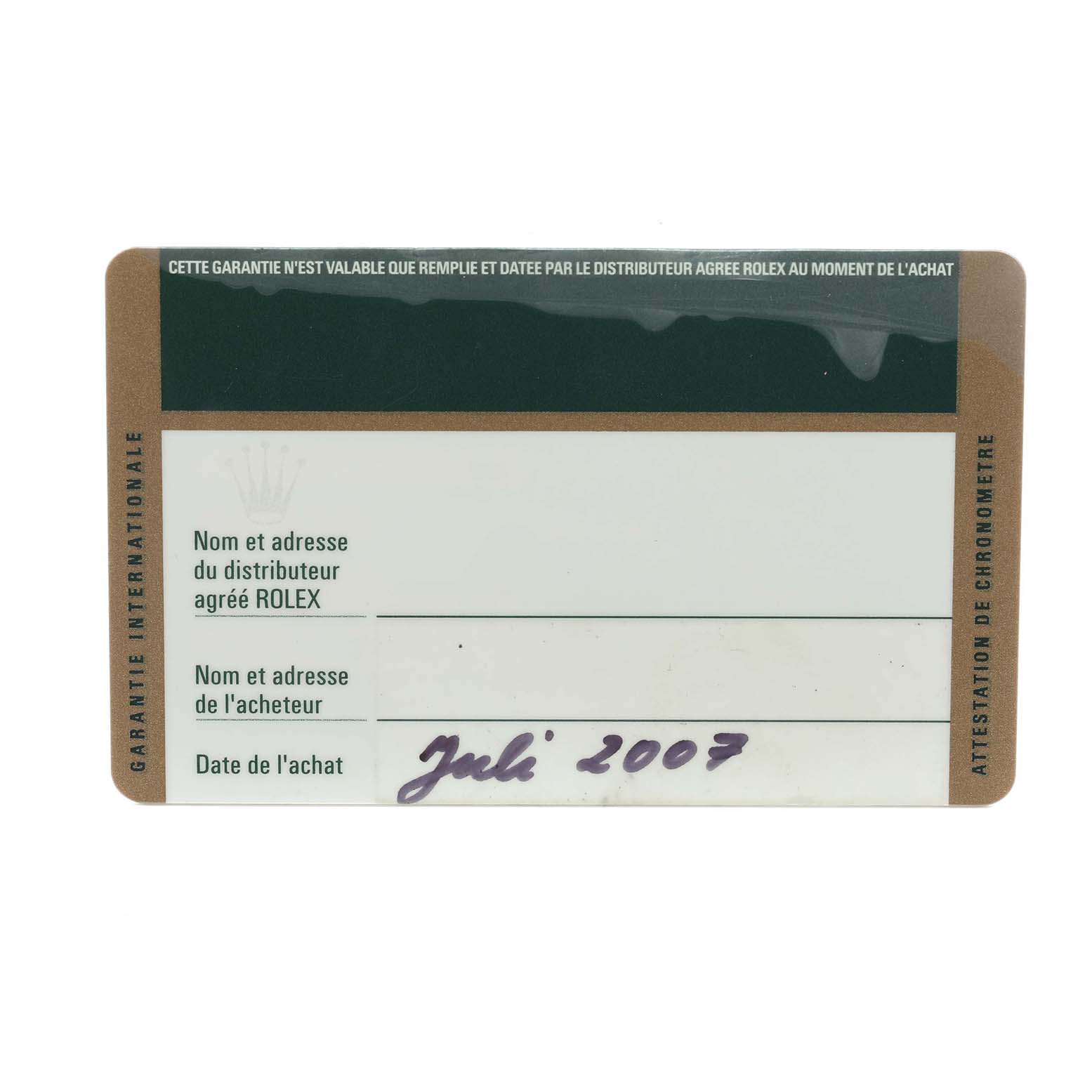 The image shows the guarantee card for the Rolex Explorer 16570 Men
s Stainless Steel Black Dial watch, viewed from the front.