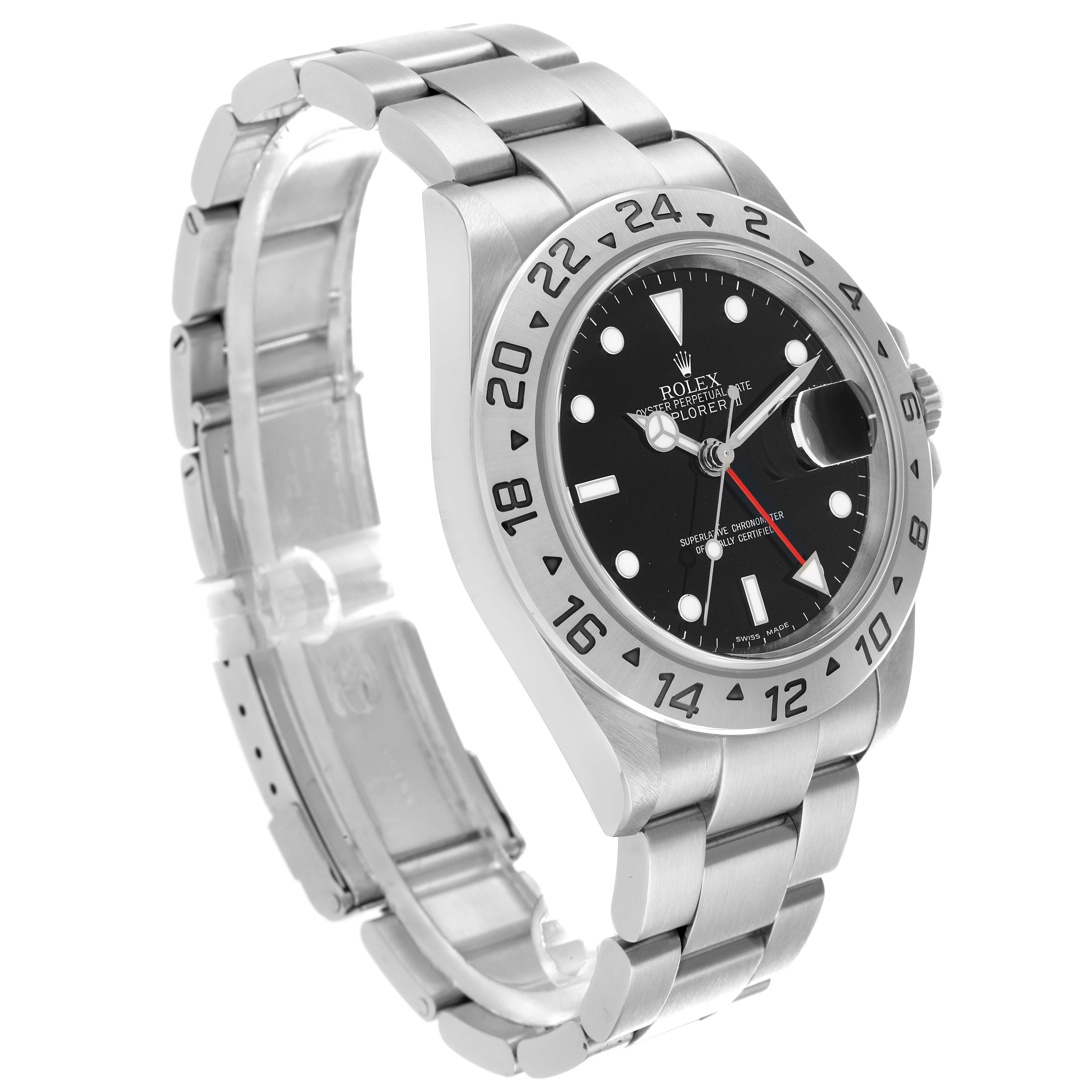 The image shows a Rolex Explorer 16570 Men
s Stainless Steel Black Dial watch at a three-quarter angle, highlighting the face, bezel, crown, and stainless steel bracelet.