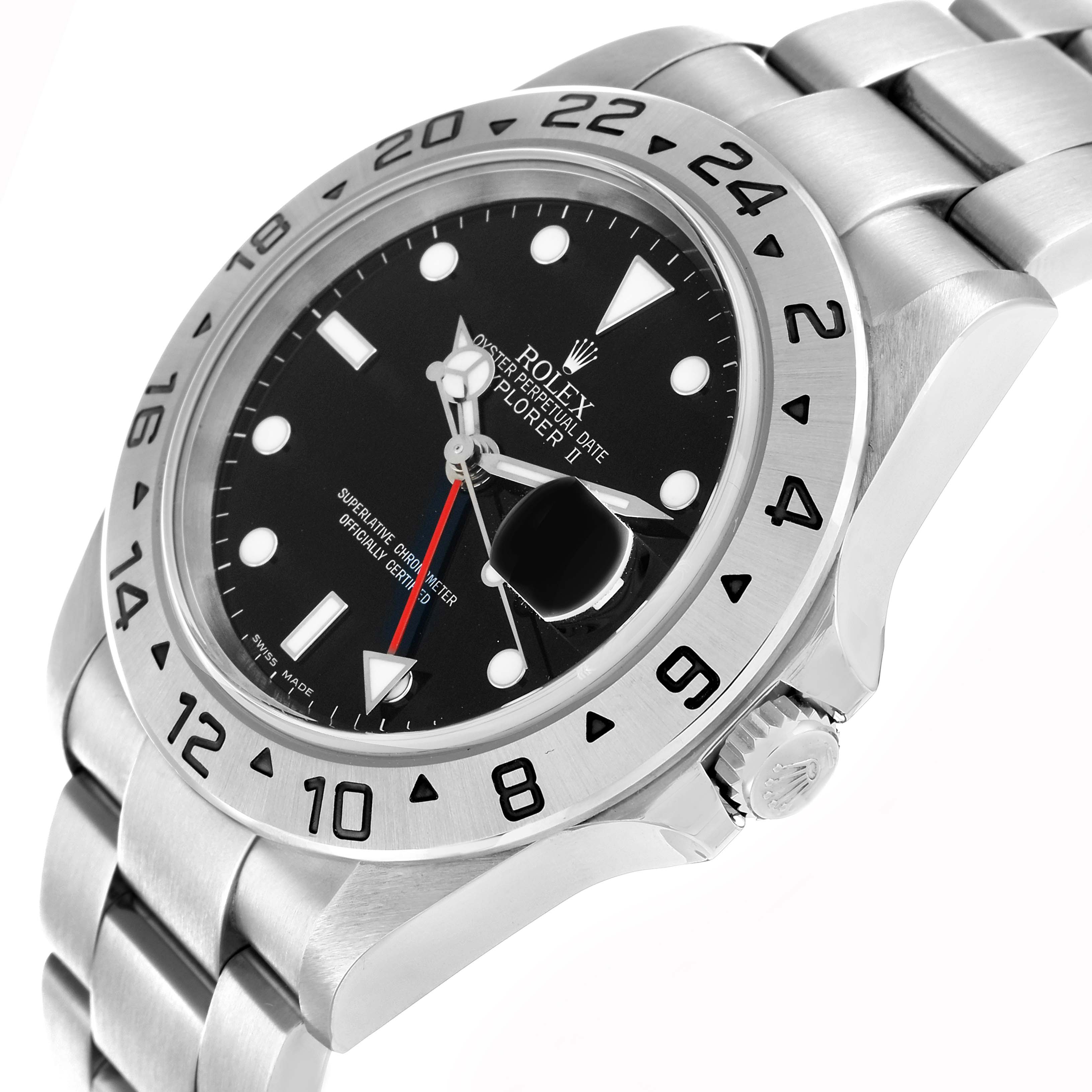 The image shows a Rolex Explorer 16570 Men
s Stainless Steel Black Dial II watch at an angle highlighting the bezel, dial, crown, and the metal bracelet.
