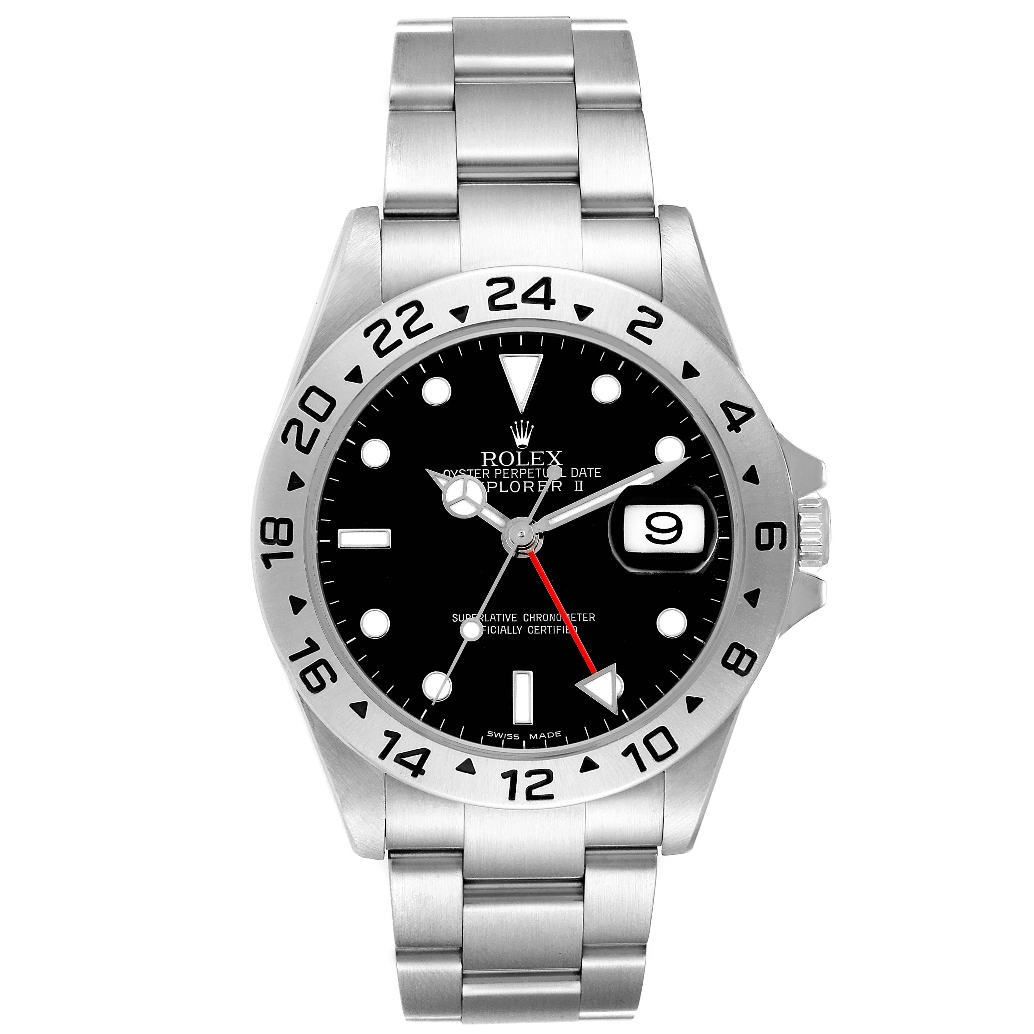 The Rolex Explorer 16570 Men
s Stainless Steel Black Dial II watch is shown from the front, displaying the bracelet, bezel, dial, and date window.