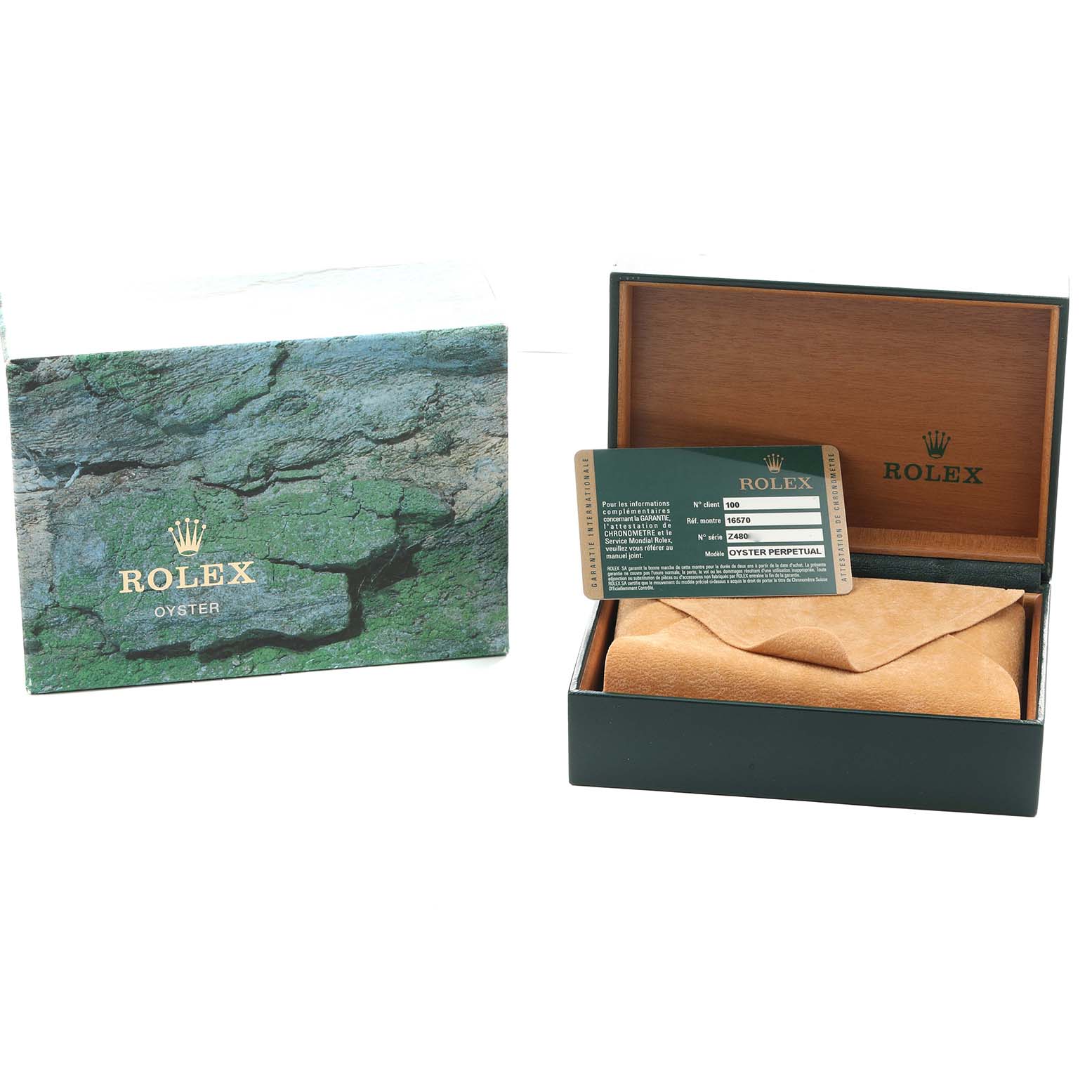 The image shows Rolex Explorer 16570 Men
s Stainless Steel Black Dial packaging and a certificate, with the watch box partly open.