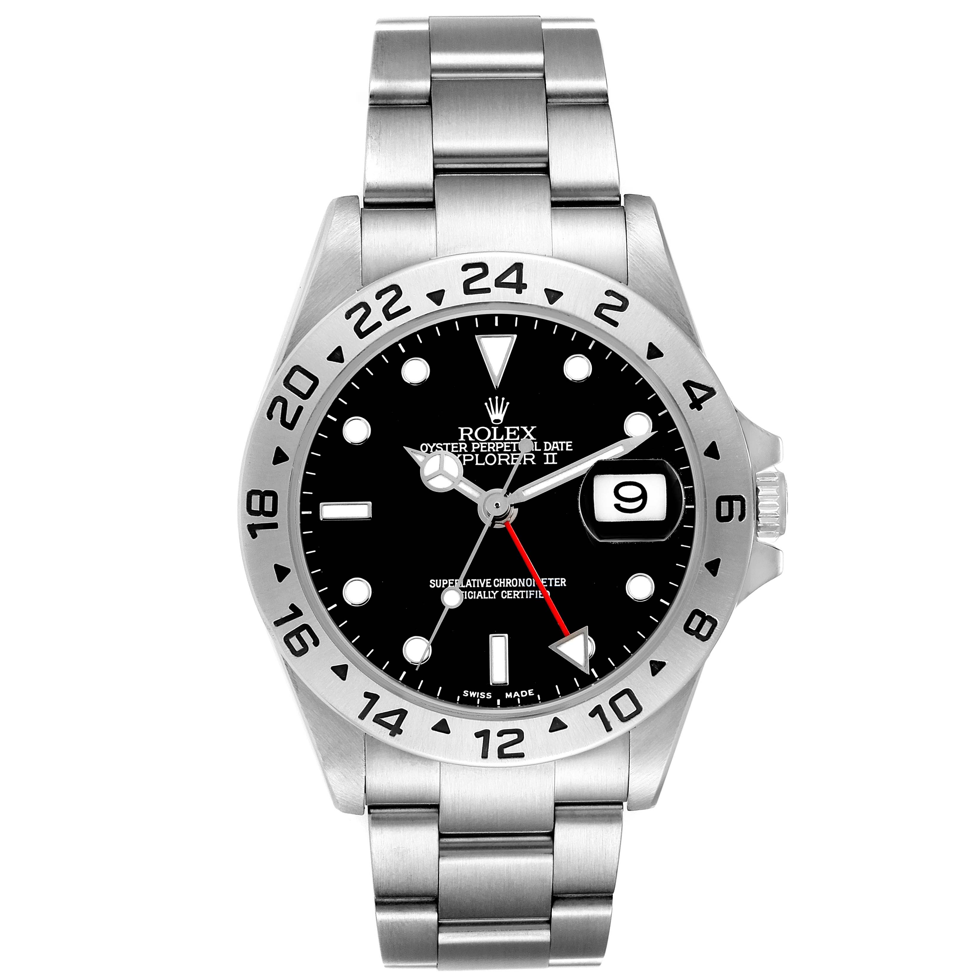 The Rolex Explorer 16570 Men
s Stainless Steel Black Dial watch is shown from a top-down angle, showcasing its dial, bezel, bracelet, and crown.
