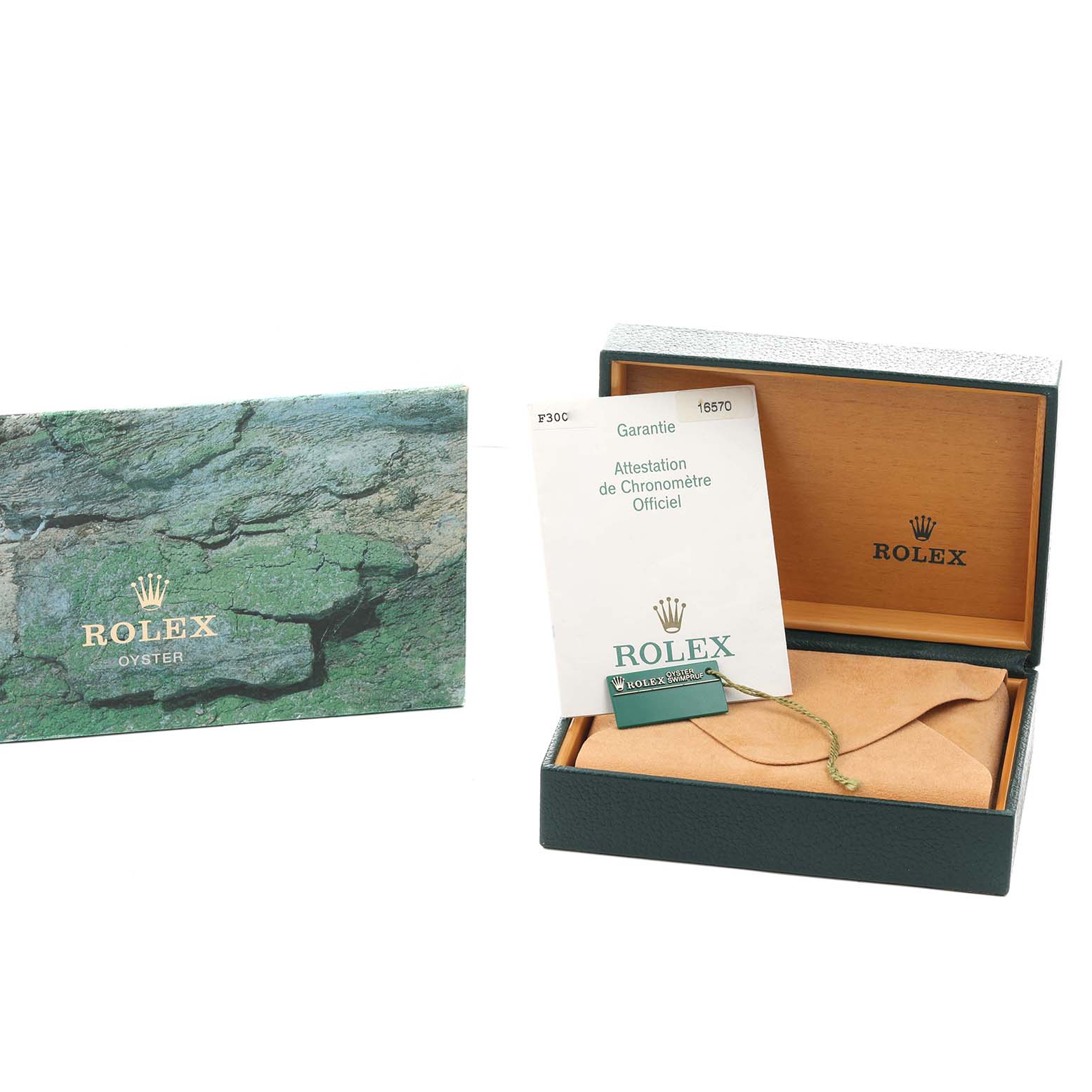 The image shows a Rolex Explorer 16570 Men
s Stainless Steel Black Dial box set with a warranty card and tag, viewed from the front.