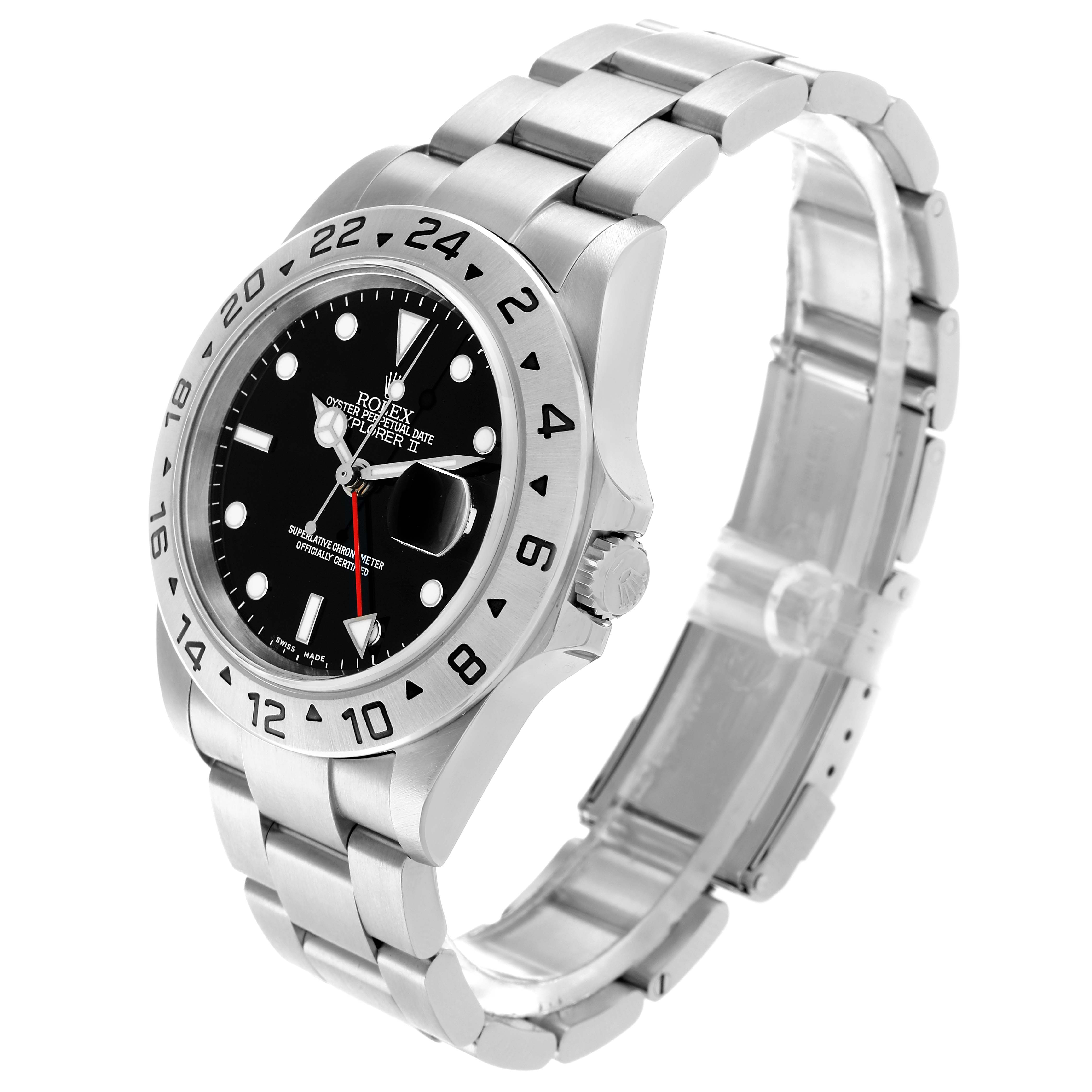 The Rolex Explorer 16570 Men
s Stainless Steel Black Dial watch is shown at a three-quarter angle, displaying the face, bezel, crown, and part of the bracelet.
