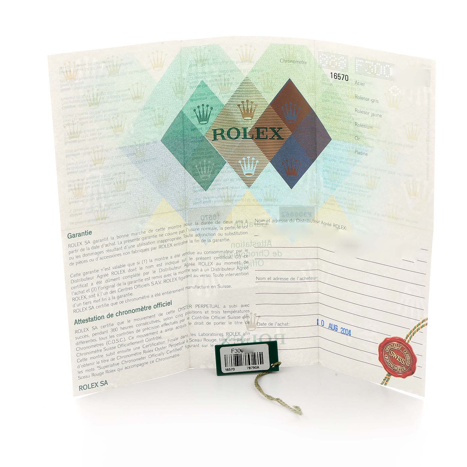 The image shows an opened warranty and Best Quality
ity certificate for a Rolex Explorer 16570 Men
s Stainless Steel Black Dial model.