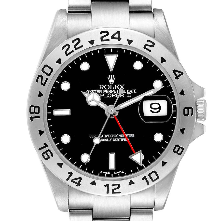 The Rolex Explorer 16570 Men's Stainless Steel Black Dial II watch is shown from the front, displaying the face, bezel, and part of the bracelet.