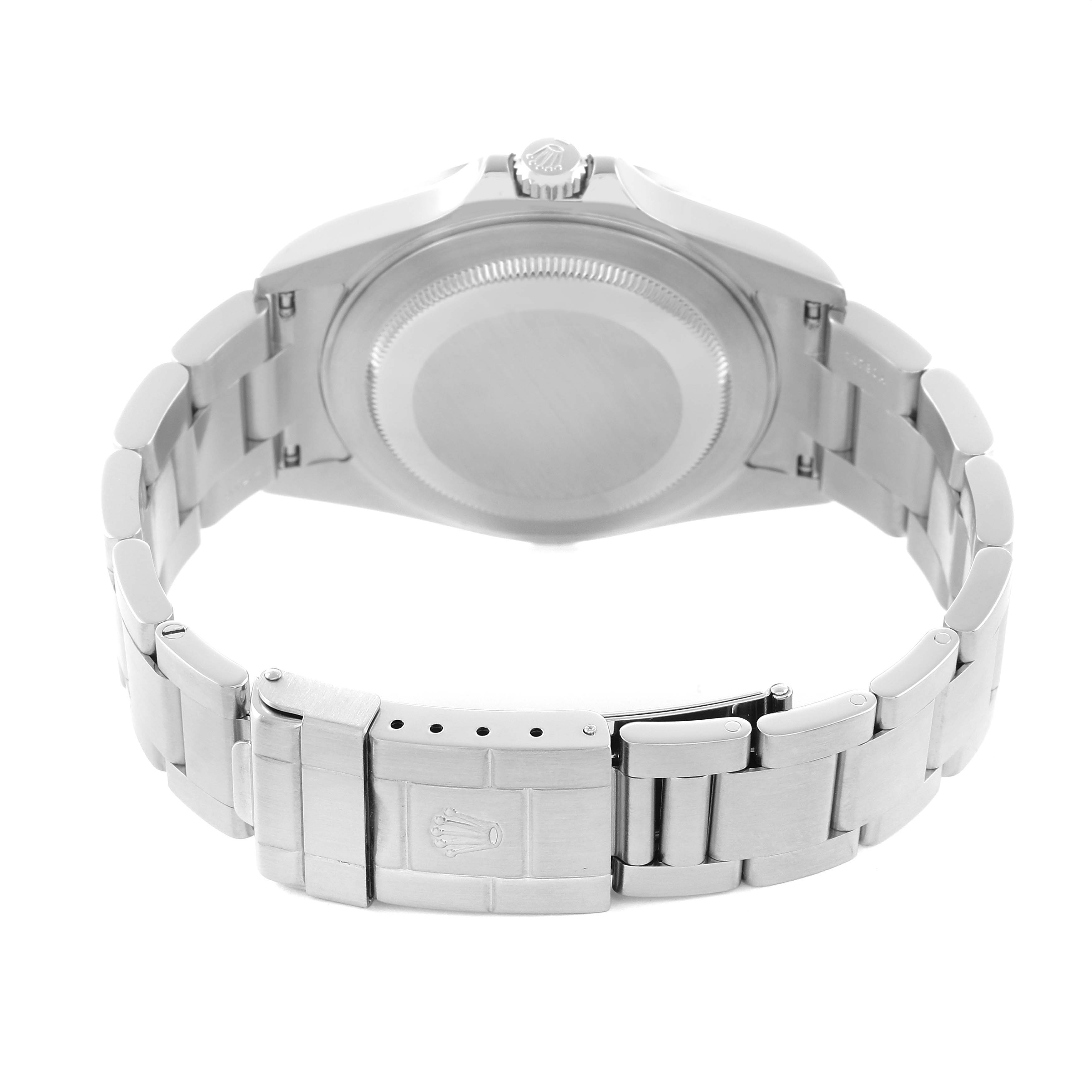 The image shows the back of the Rolex Explorer 16570 Men
s Stainless Steel Black Dial watch, highlighting the case back, crown, and stainless steel bracelet with clasp.