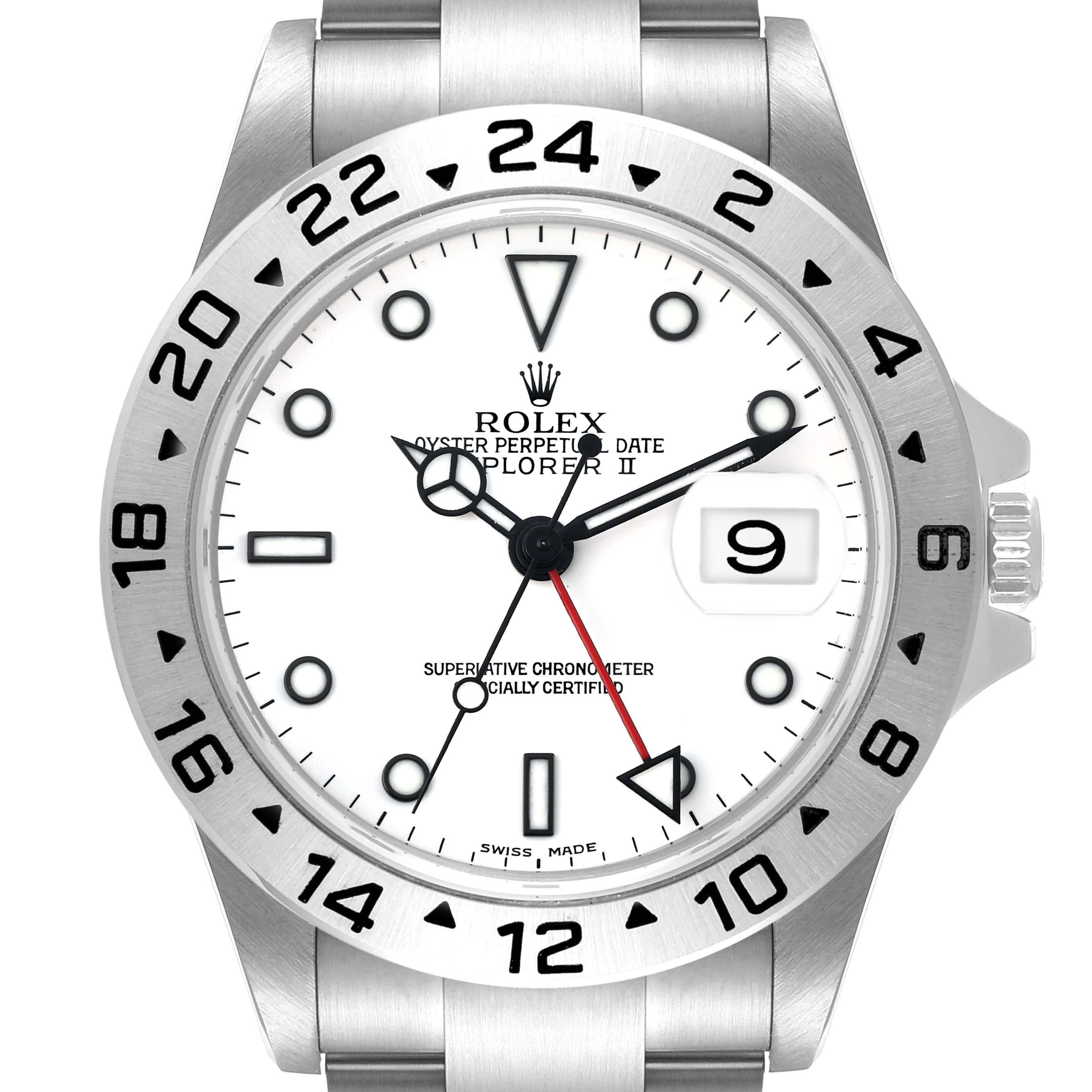 The image shows a frontal view of a Rolex Explorer 16570 Men's Stainless Steel White Dial 16570 Men's Stainless Steel White Dial watch, displaying the dial, hour markers, hands, bezel, and date window.