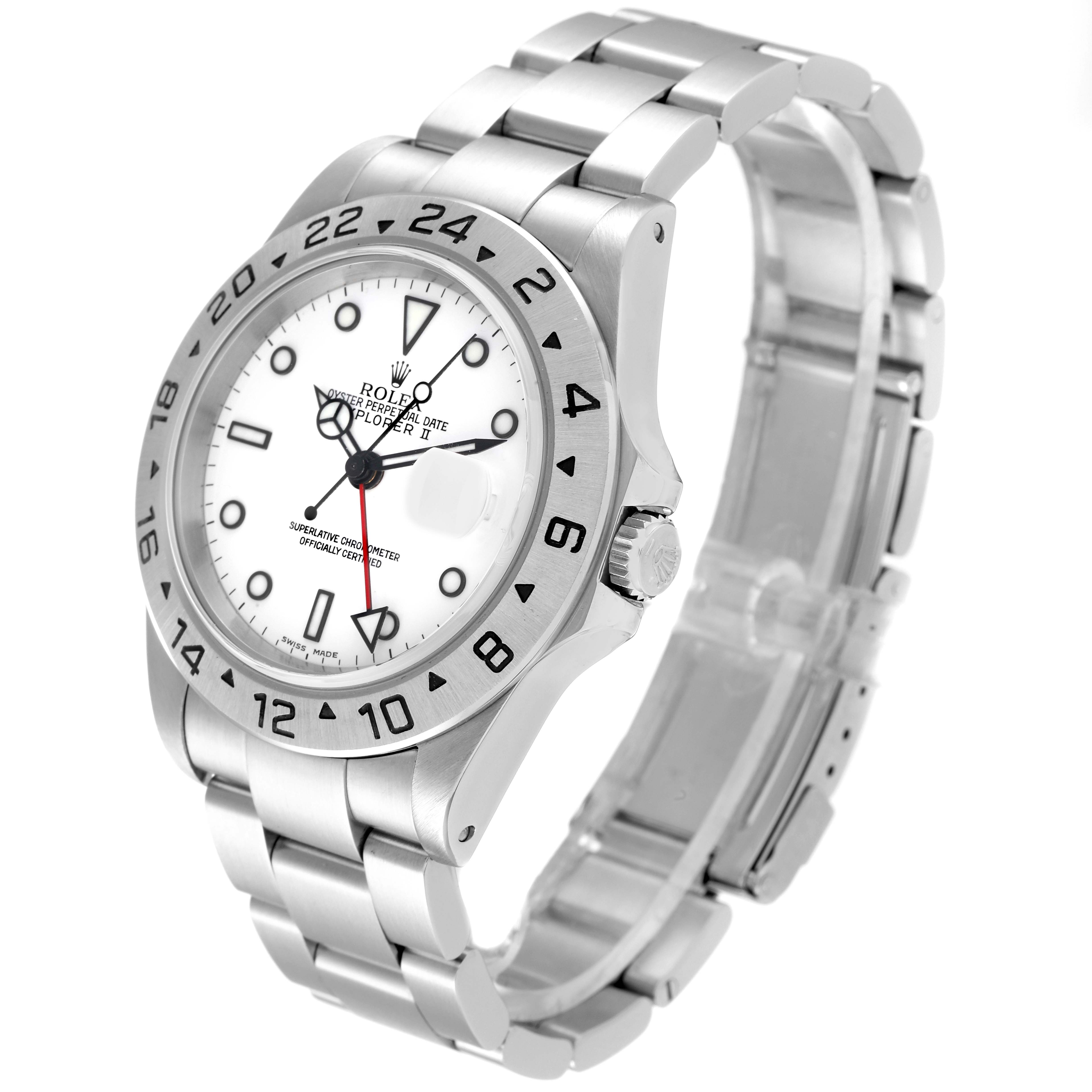 This image shows a Rolex Explorer 16570 Men's Stainless Steel White Dial 16570 Men's Stainless Steel White Dial watch displaying its dial, bezel, crown, case, and bracelet at a slight angle.