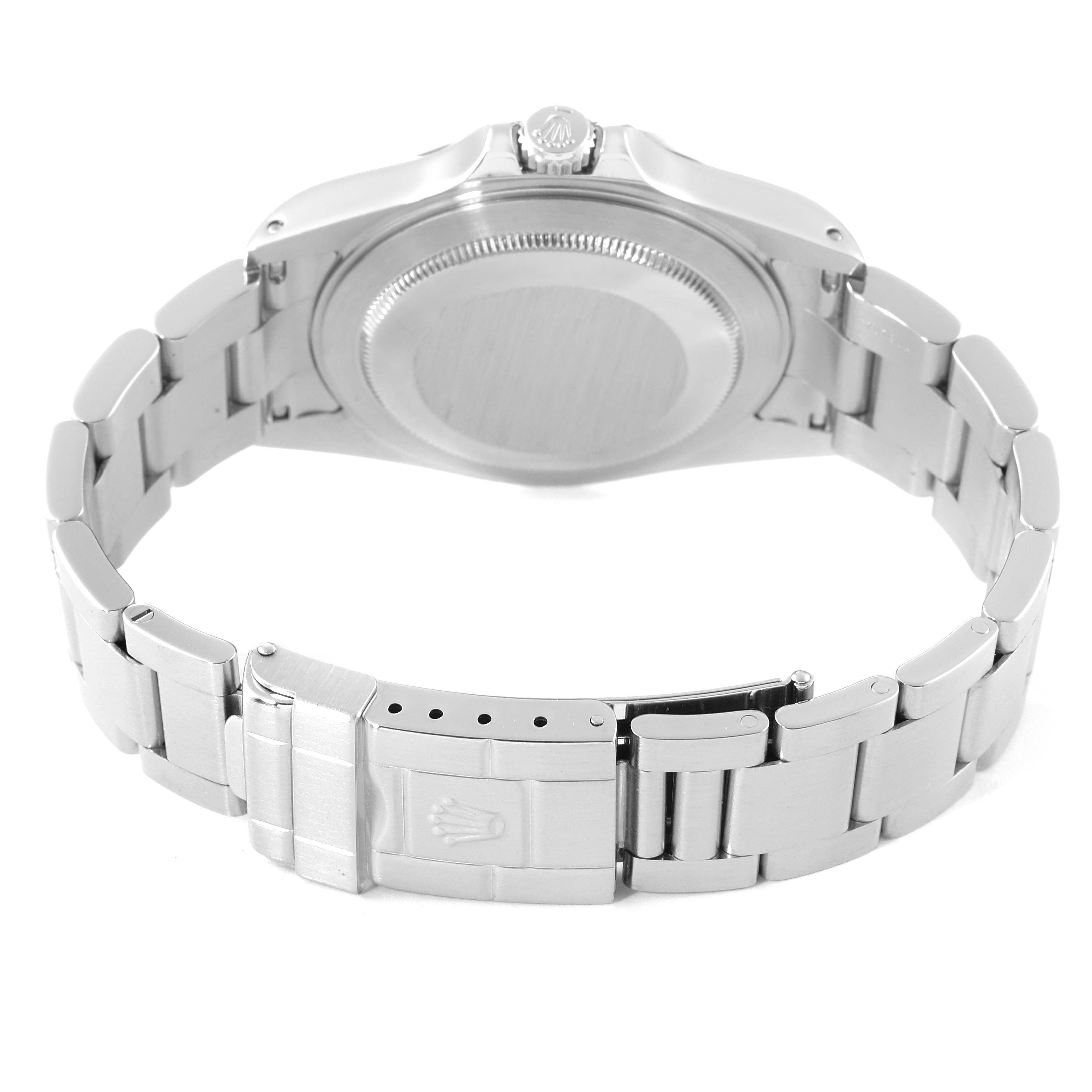 The photo shows the back case and stainless steel bracelet of a Rolex Explorer 16570 Men's Stainless Steel White Dial 16570 Men's Stainless Steel White Dial model watch.