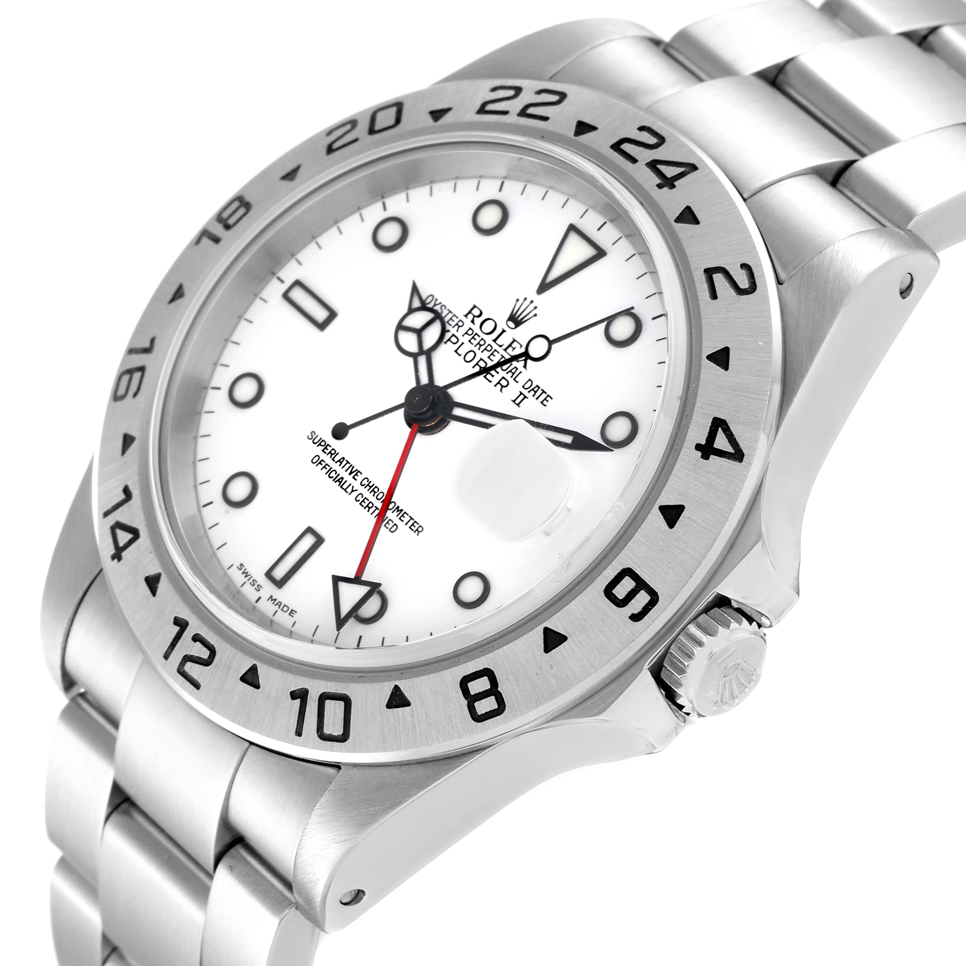 This image shows a side angle of a Rolex Explorer 16570 Men's Stainless Steel White Dial 16570 Men's Stainless Steel White Dial watch featuring the bezel, dial, hands, and part of the bracelet.