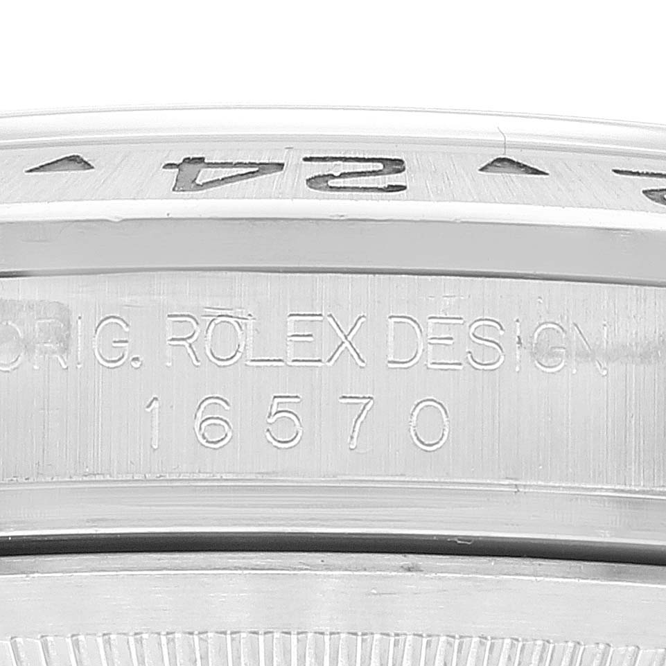 This image shows the side engraving of a Rolex Explorer 16570 Men's Stainless Steel White Dial 16570 Men's Stainless Steel White Dial watch with the model number 16570.